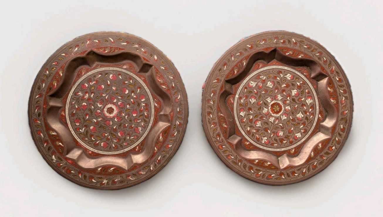 Pair of Vintage Indian Brass Meenakari Wall Plates — Hand-Engraved Painted 11\