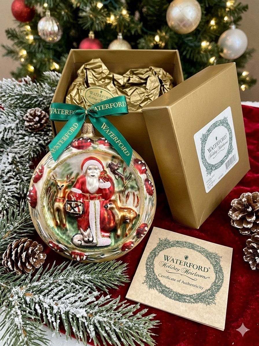 Waterford 2003 Woodland Santa Glass Ornament Box COA 124776