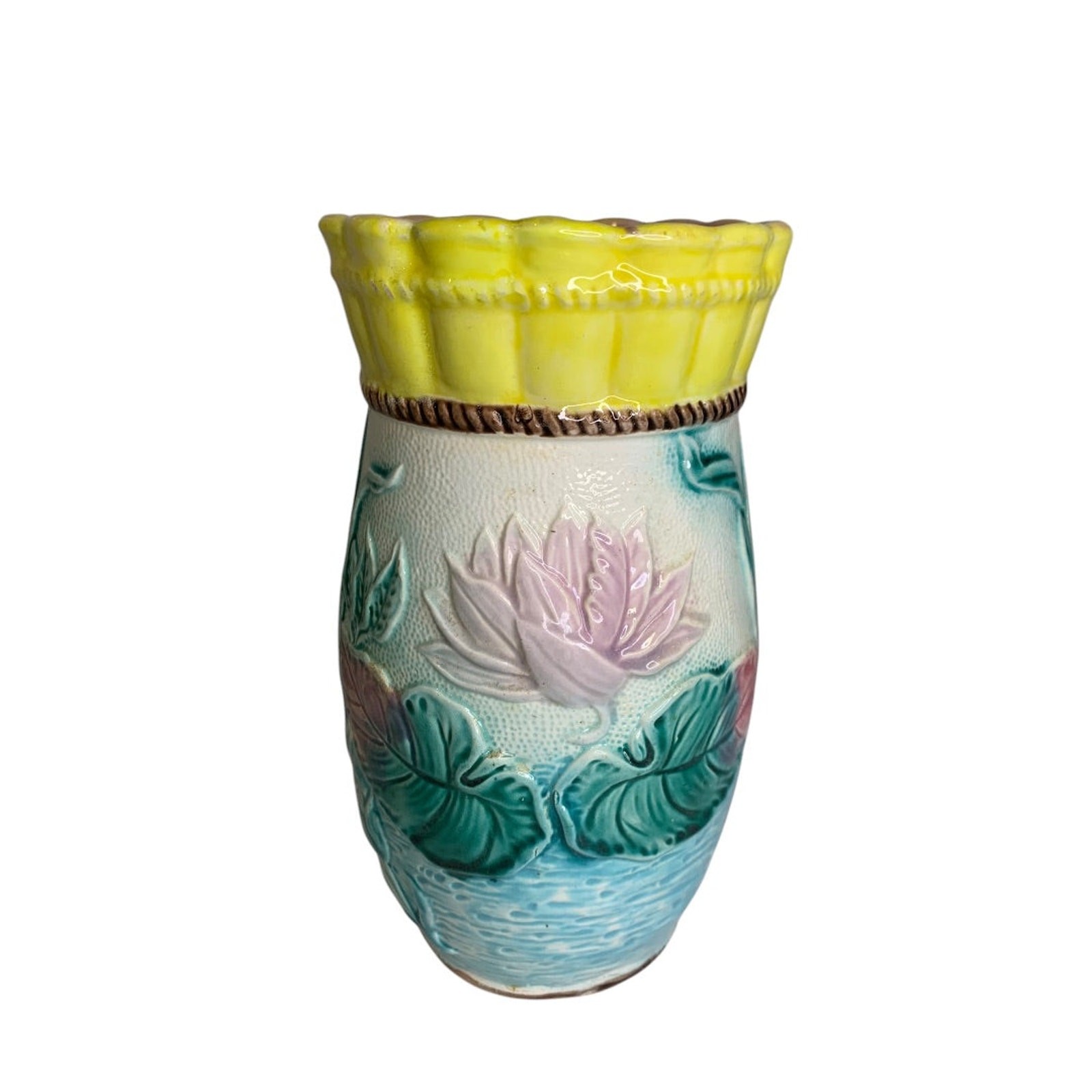 Antique 1880s Majolica Water Lily Vase Sam Lear Vibrant Color 7.25 Inches
