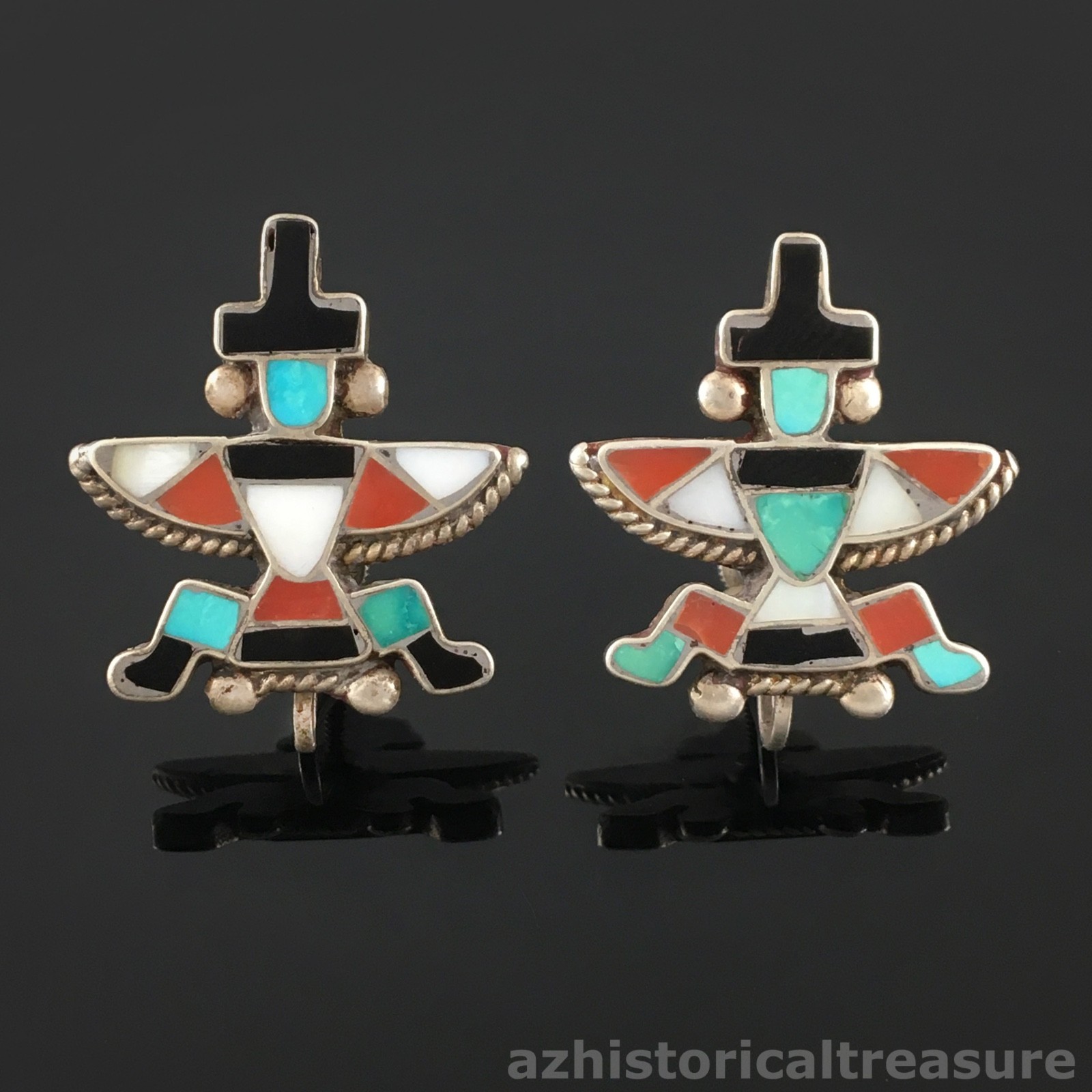 NATIVE AMERICAN ZUNI HANDMADE  SILVER MULTI-STONE INLAY KNIFEWING EARRINGS