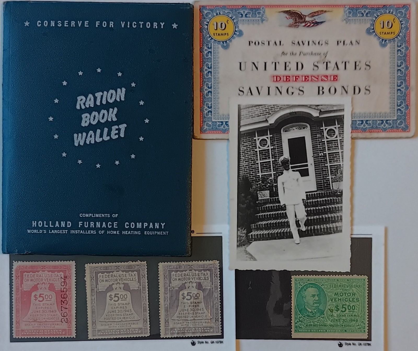 WWII Lot: Ration Book Wallet Car Tax Stamps United States Saving Bond Navy Photo
