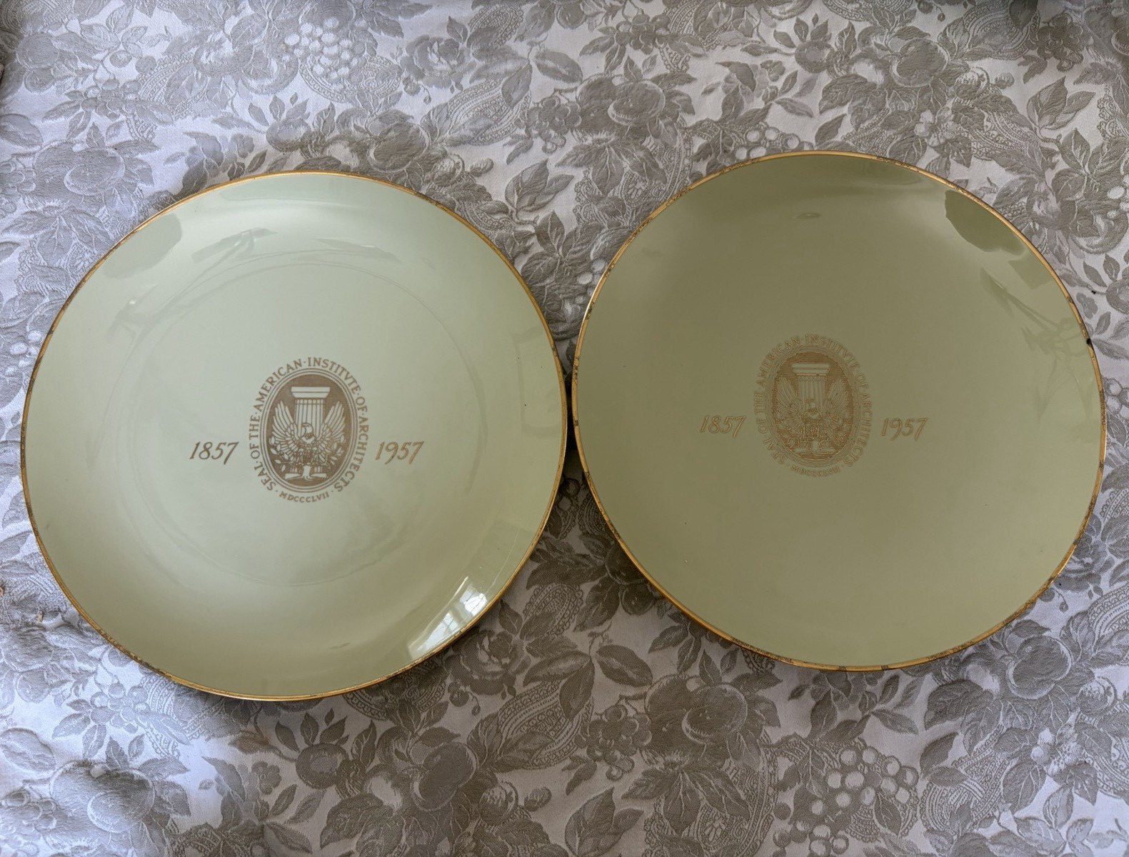 Vintage AIA Seal 1857-1957 Porcelain Collector Plates Set of 2  Gold Rim 10”W