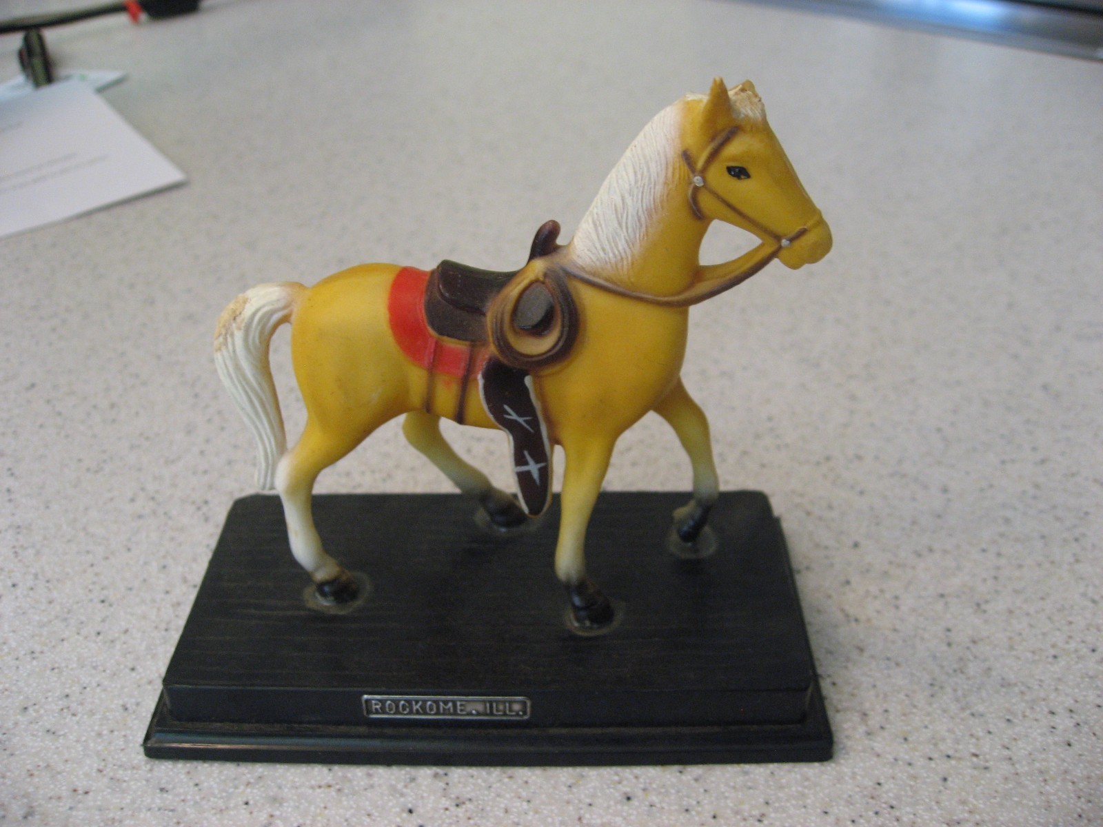 Vintage Hard Plastic Horse with Saddle Figure Souvenir from Rockome, IL
