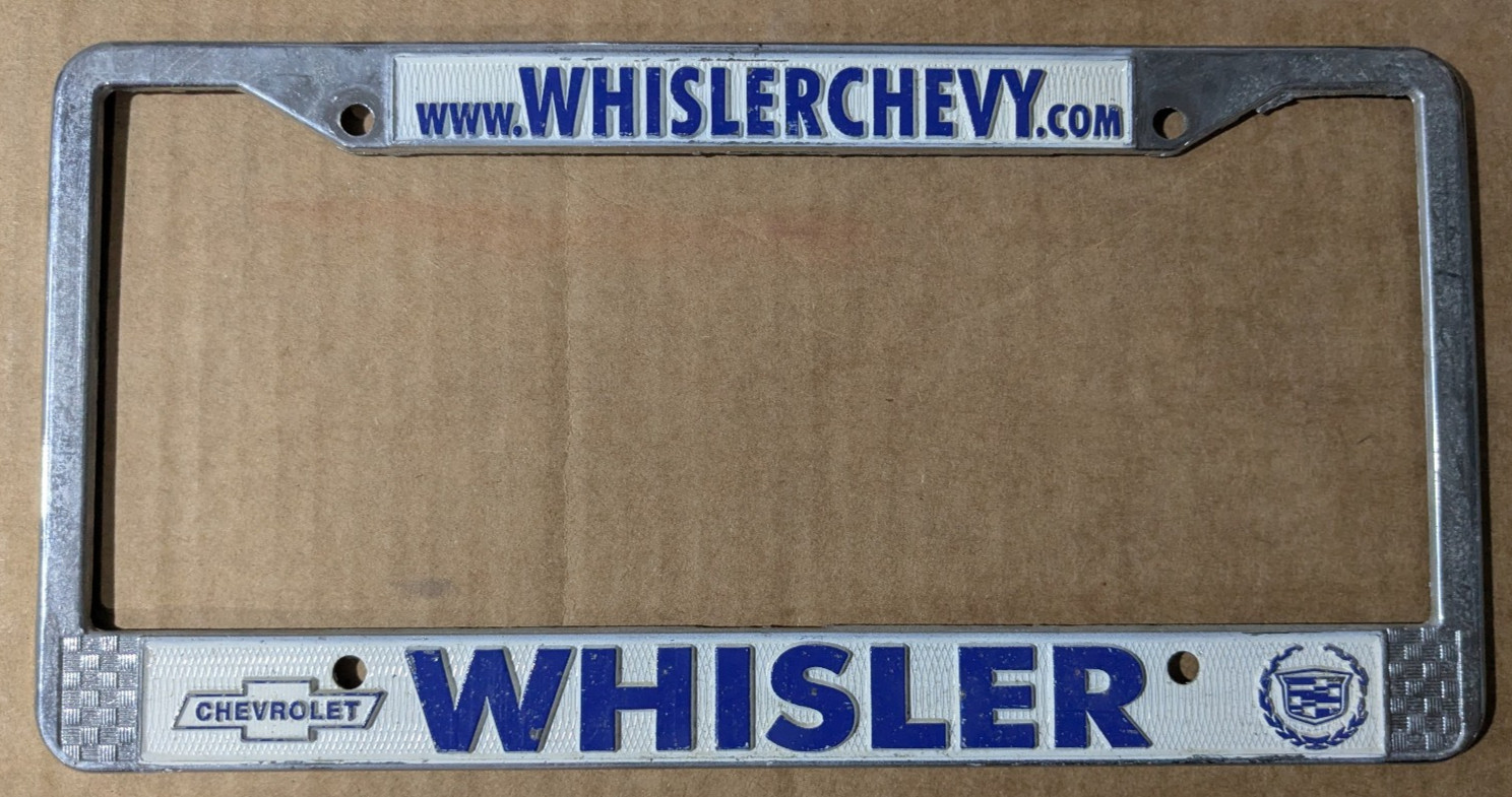VTG Metal Whisler Chevy Chevrolet Cadillac Embossed Dealer License Plate Frame