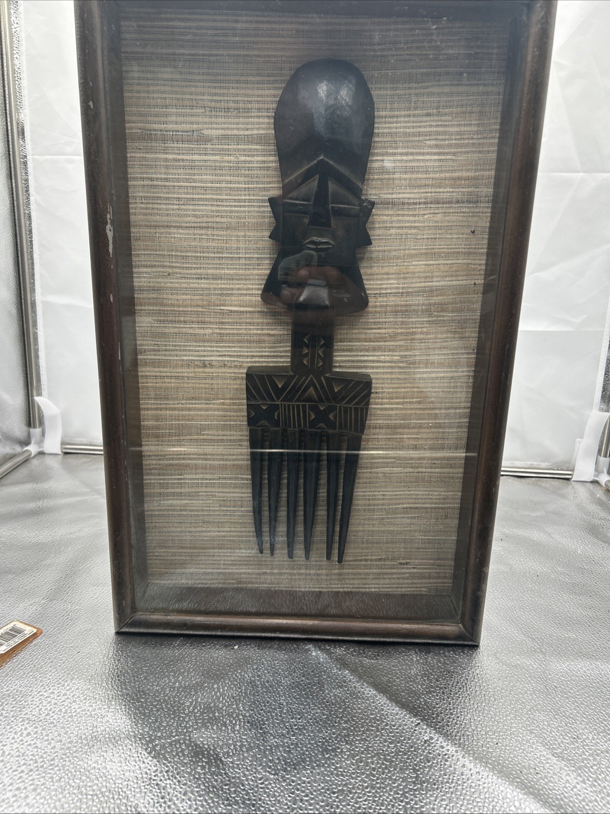 Vintage Estate Tribal Wood Carving In Shadowbox Collectible