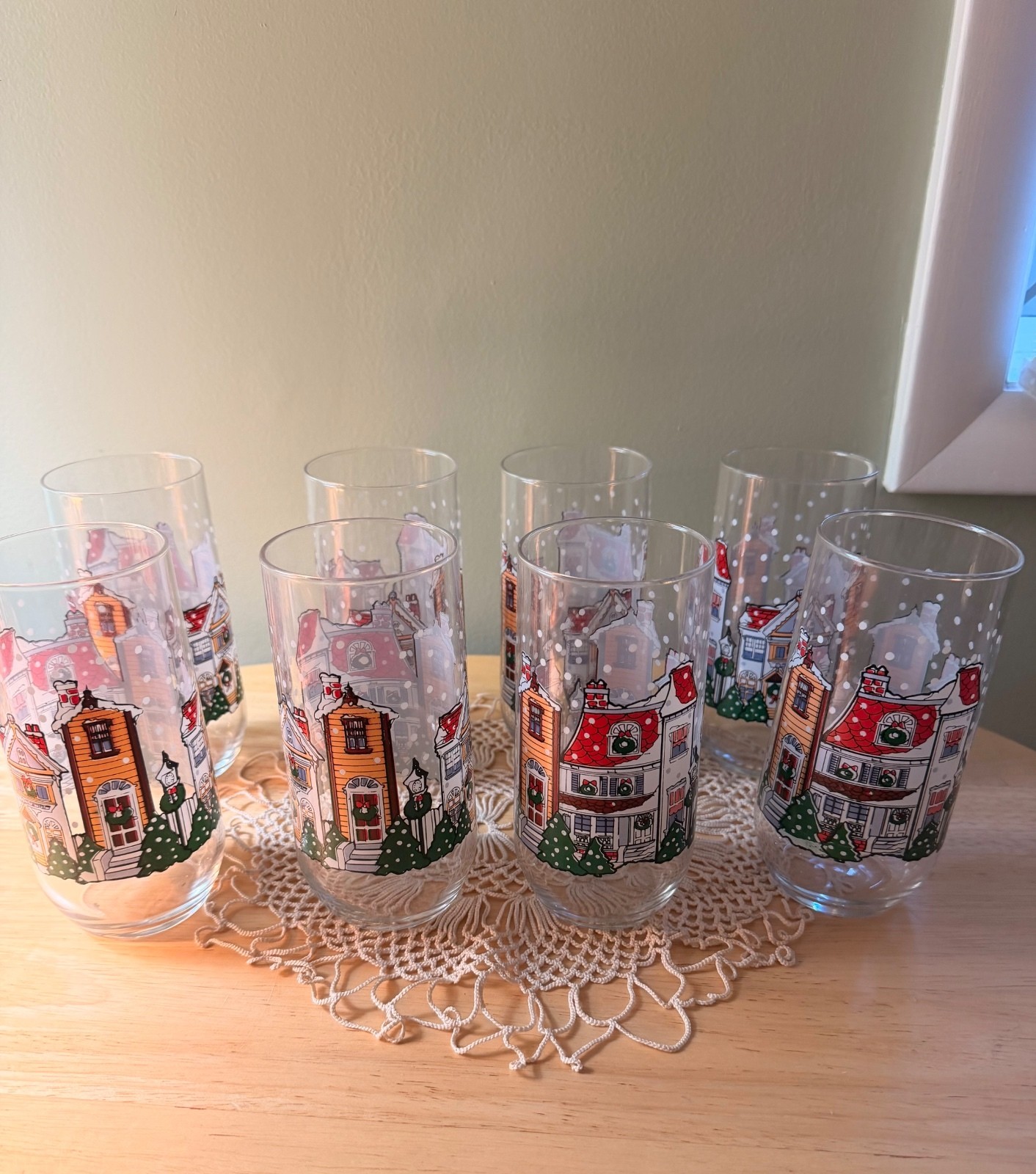 Eight Vintage Luminarc Christmas Village Glass Tumbler's
