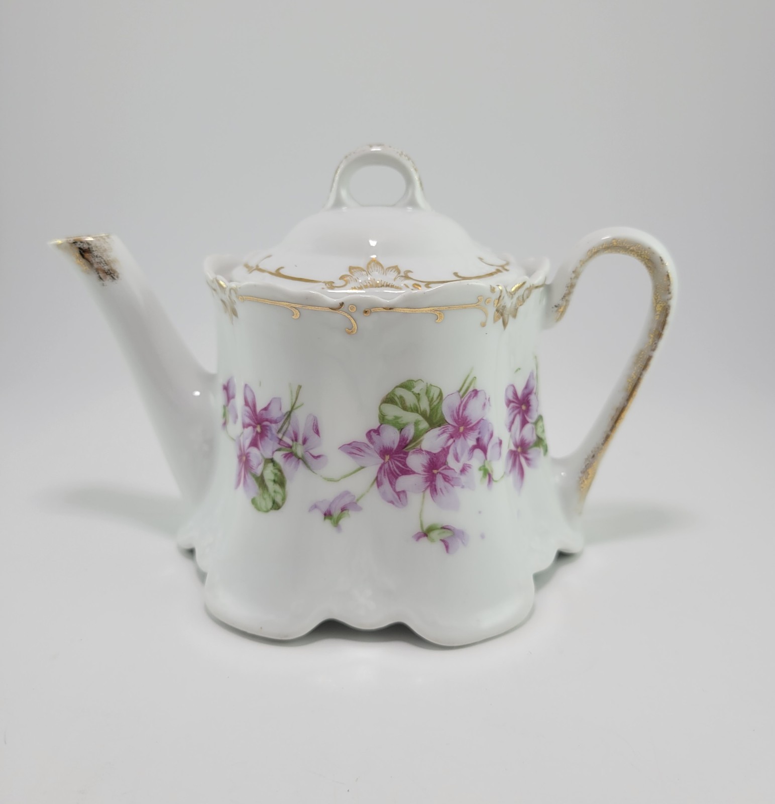 Antique Z S & Co Bavaria Porcelain Teapot With Violets And Gold Trim