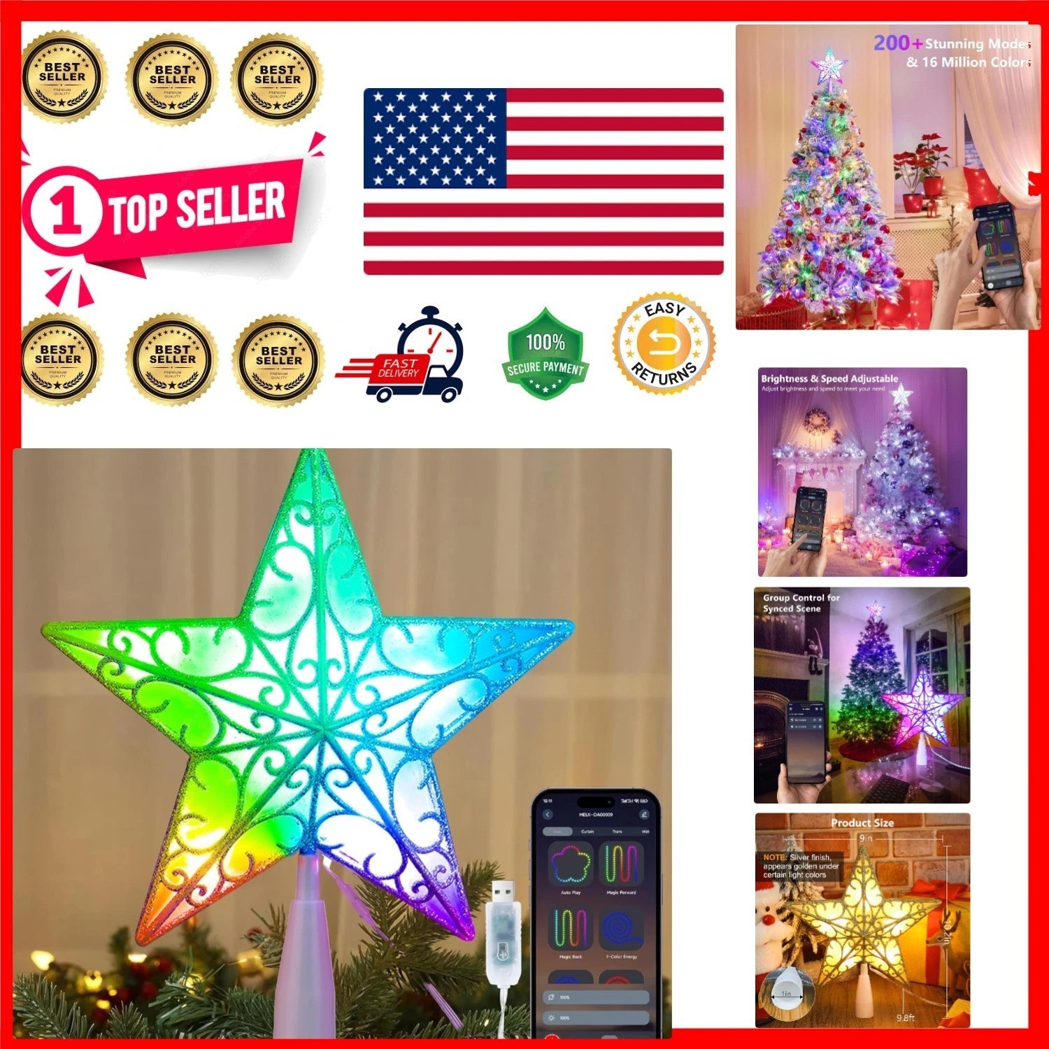 Smart Bluetooth Christmas Star Tree Topper, 9\