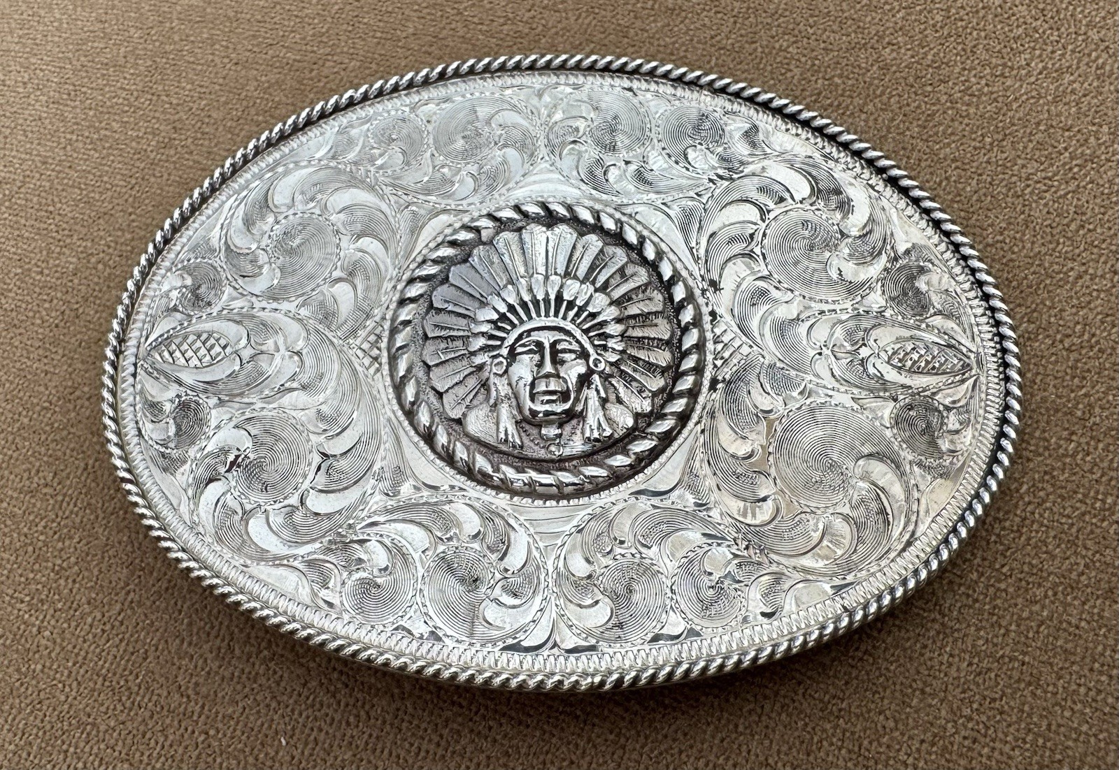 Vintage Edward H Bohlin Oval Engraved Sterling Silver Chief Trophy Belt Buckle