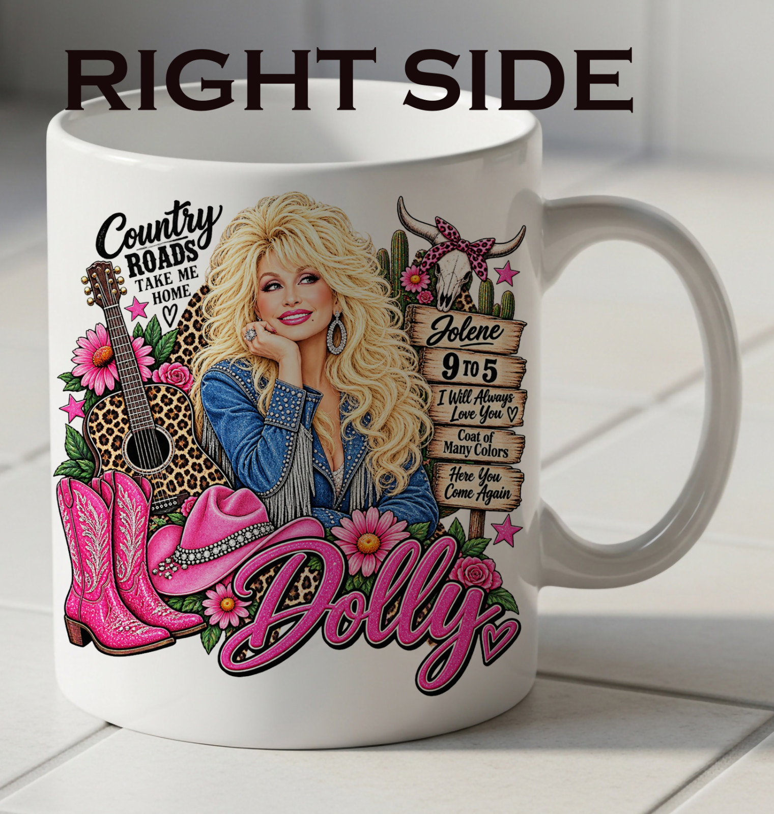 Dolly Parton coffee mug 11 ounce. Different picture on each side.