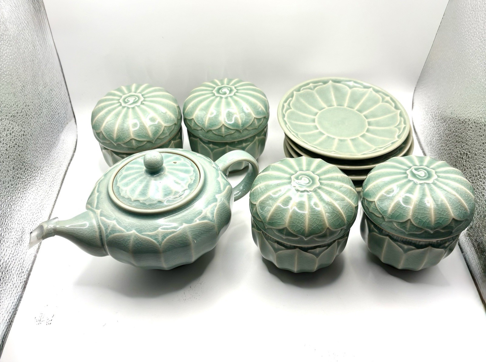 Vintage Chinese Longquan Celadon Tea Set Signed Huang Niu Pumpkin 18pc