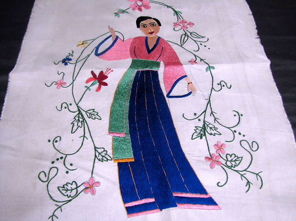 Vtg Panel Hand Embr Silk-On-Silk Oriental Woman Dated 7/5/34