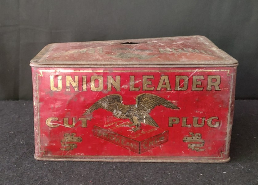 Antique Union Leader Cut Plug Tobacco Red Gold Tin Box  - No Handle or Latch VTG