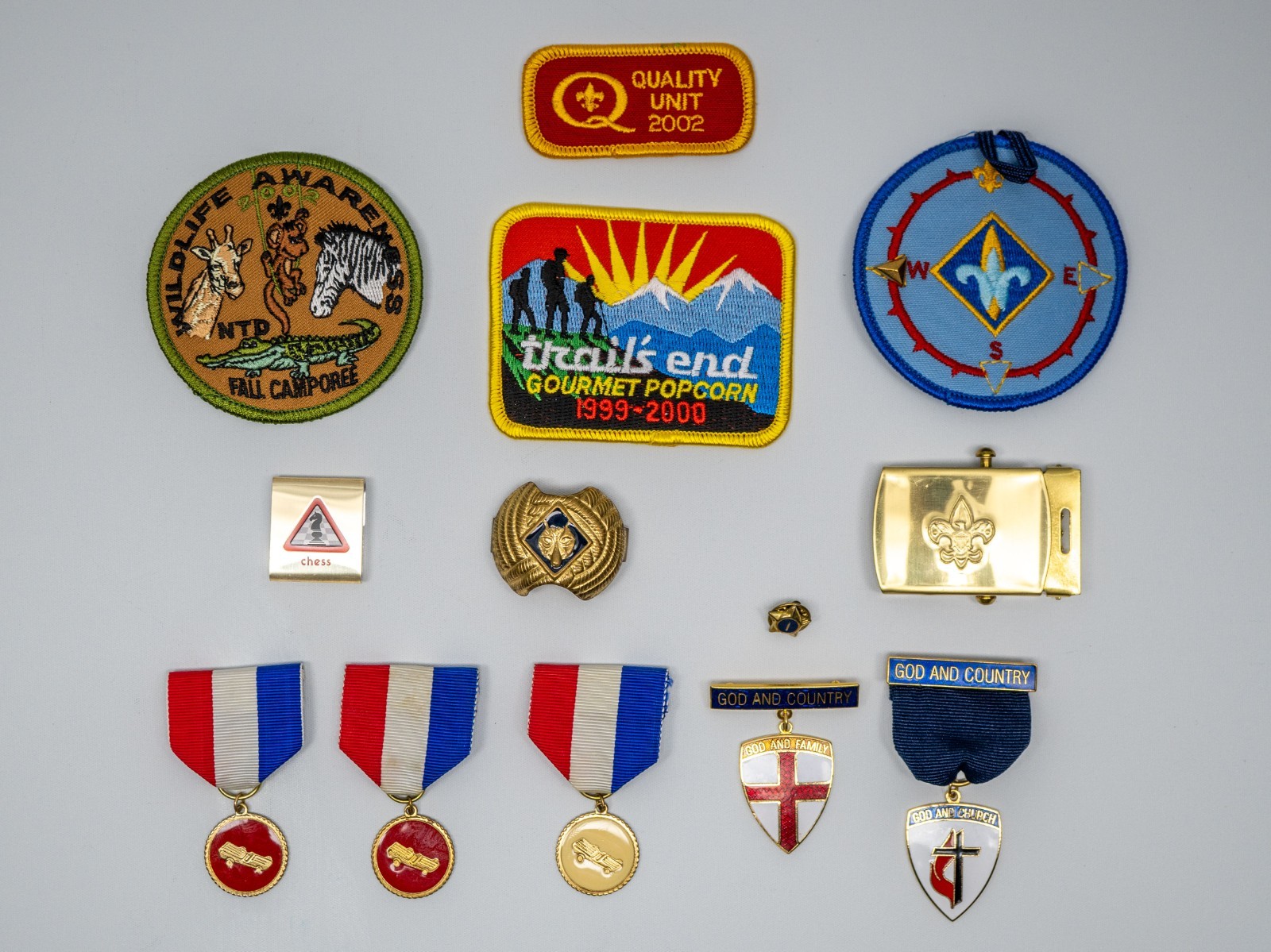 Vintage BSA Boy Scout Memorabilia Lot Patches Medals Pins Wolf Slide Buckle