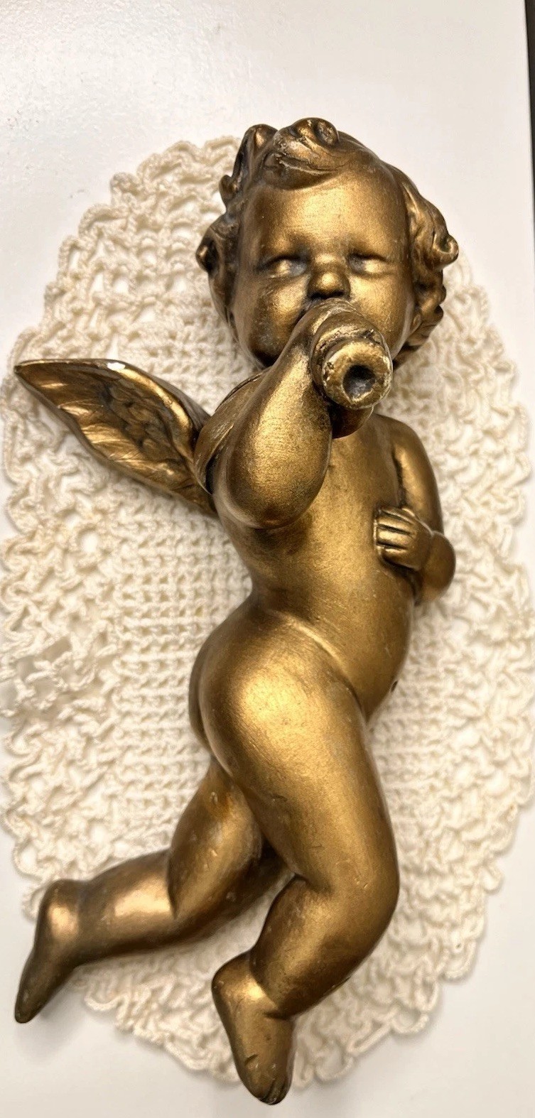 Vtg Gold Plaster Cherub Angel Horn Wall Hanging Mid Century Musical Putti 9\