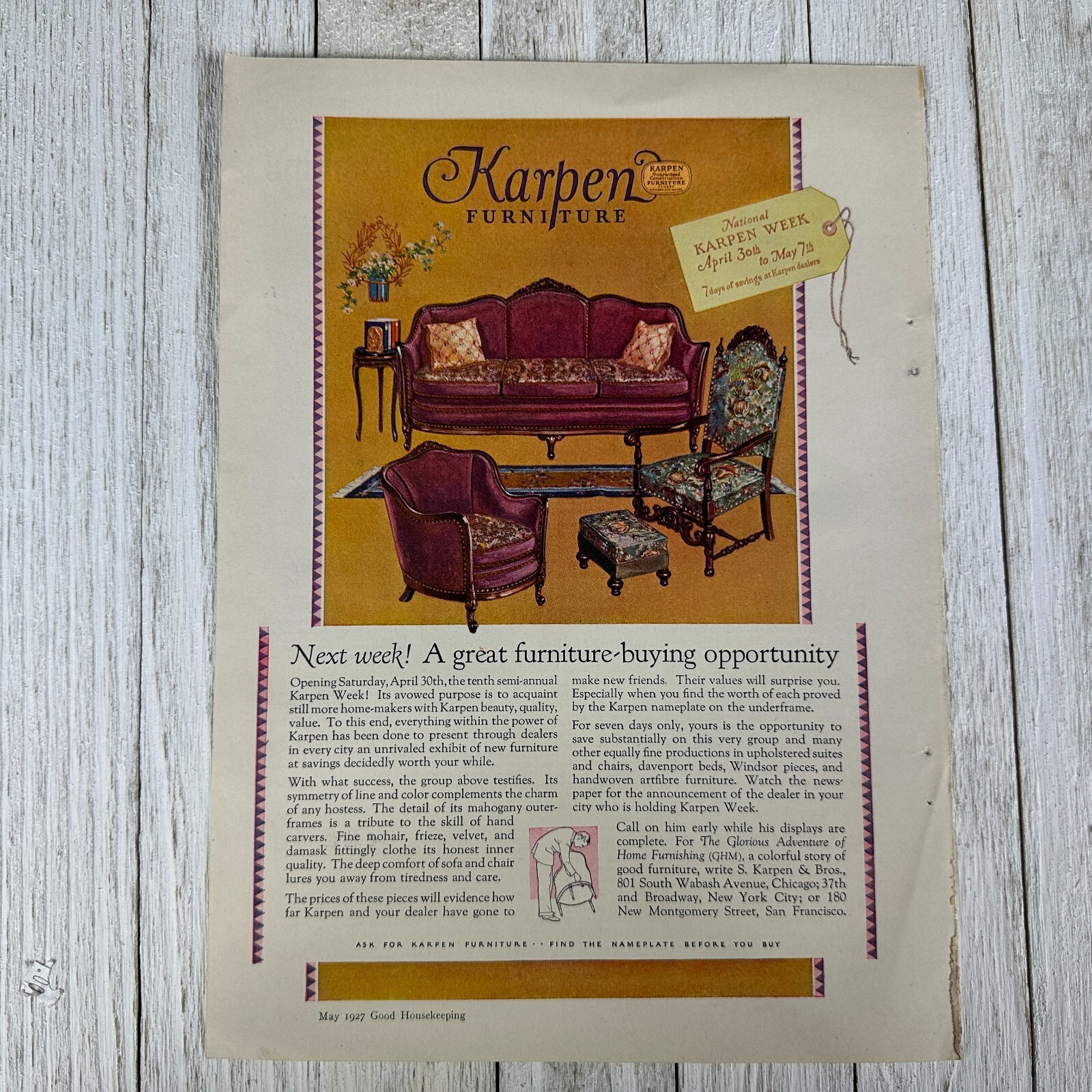 Antique Advertisement Print Ad Karpen Furniture 1920s Mohair Frieze Velvet IL NY
