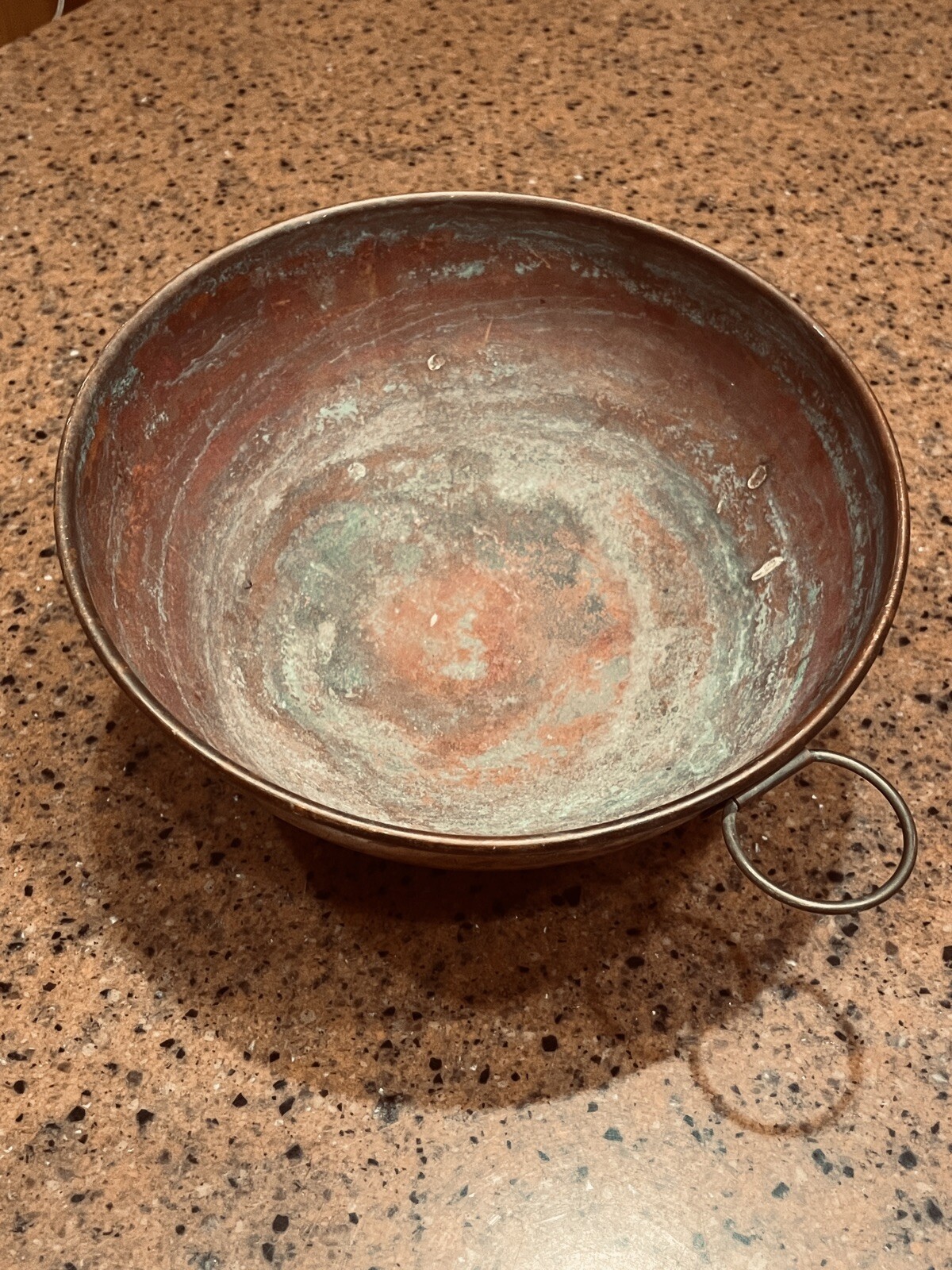 Vintage Copper Mixing Bowl With Rolled Edge 9” x 4” Patina D Ring Round Bottom