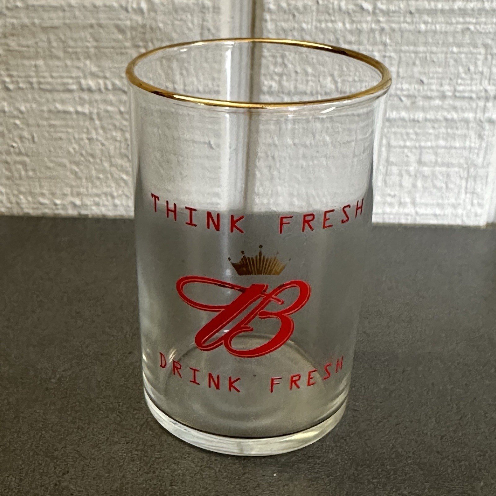 Vintage Budweiser Beer Tasting Gold Rim Glass Think Fresh Drink Fresh 3 1/2\