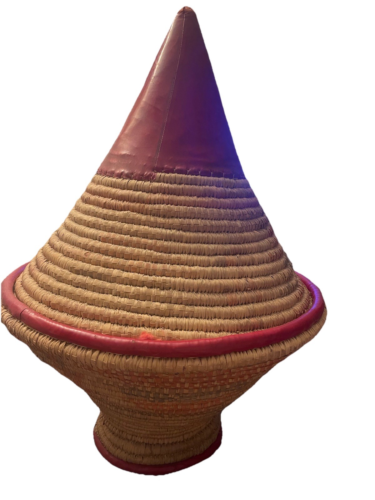 Vintage African Handwoven Coiled Basket Cone Lid Leather Trim Ethnic Decor 29in