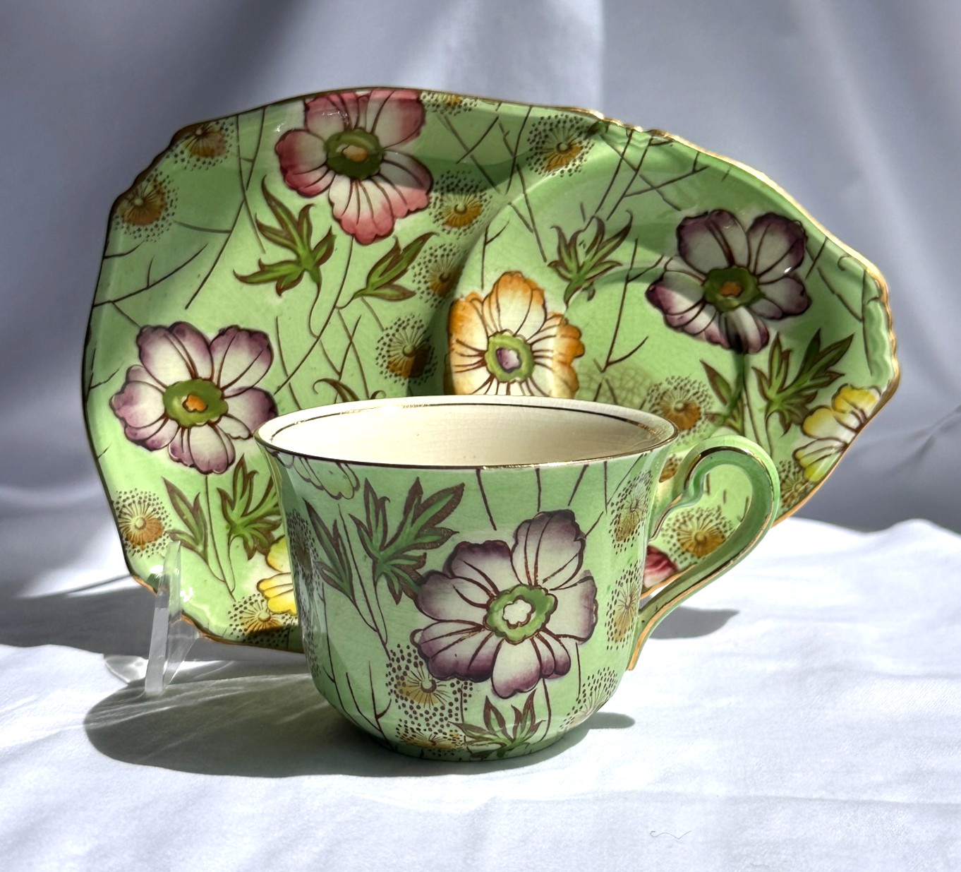 VTG Royal Winton Chintz Green Primrose Tea Dessert set and open sugar ~ 3 PC