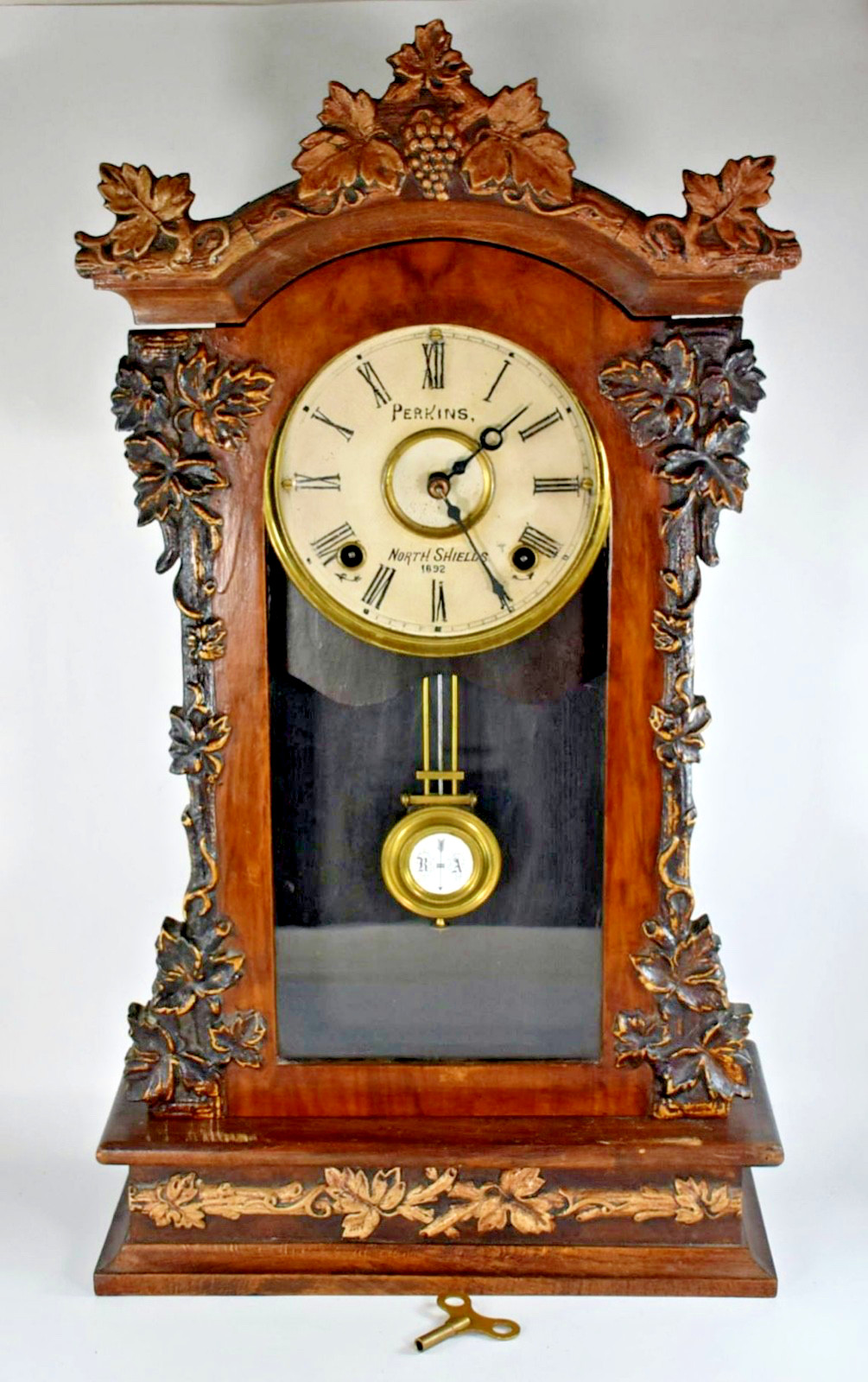 ANTIQUE PERKINS NORTH SHIELDS 1892 STRIKING 8 DAY MANTLE WALL CLOCK – REQ ATTN