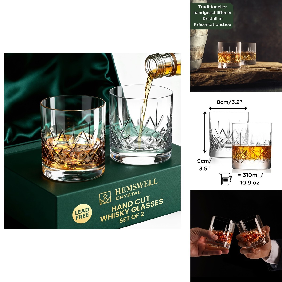 Hemswell Crystal Whisky Glasses Set of 2 11oz Cut Glass Rock Tumblers - Satin
