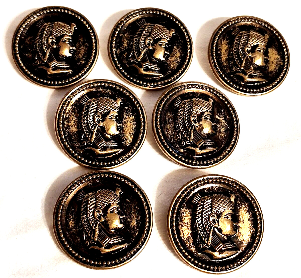 7 Antique Round Buttons Metal Brass 1.5