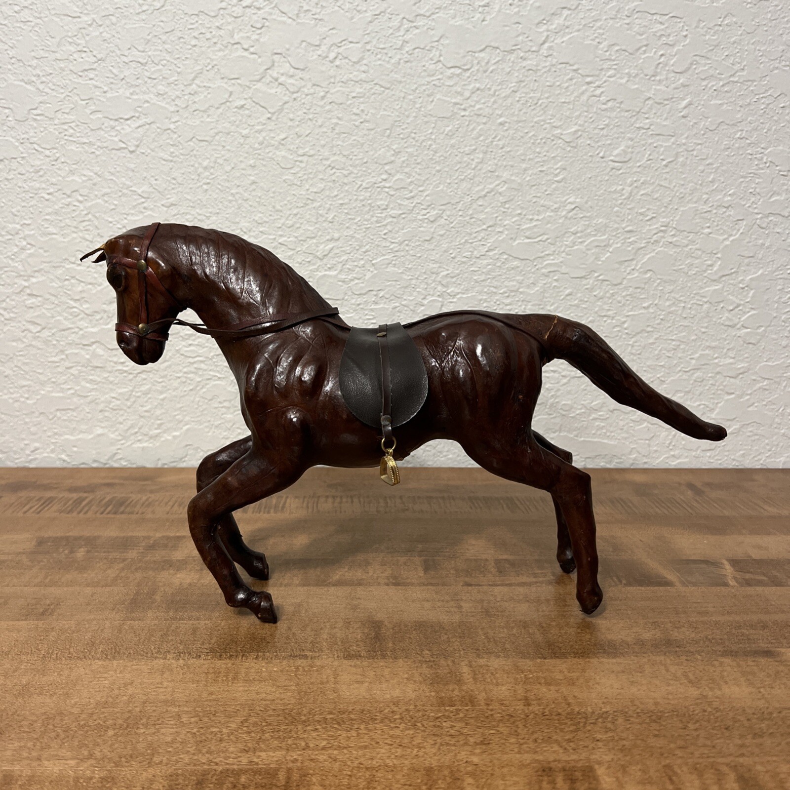 Vintage Horse Statue Figure with Saddle & Stirrup Dark Brown Leather