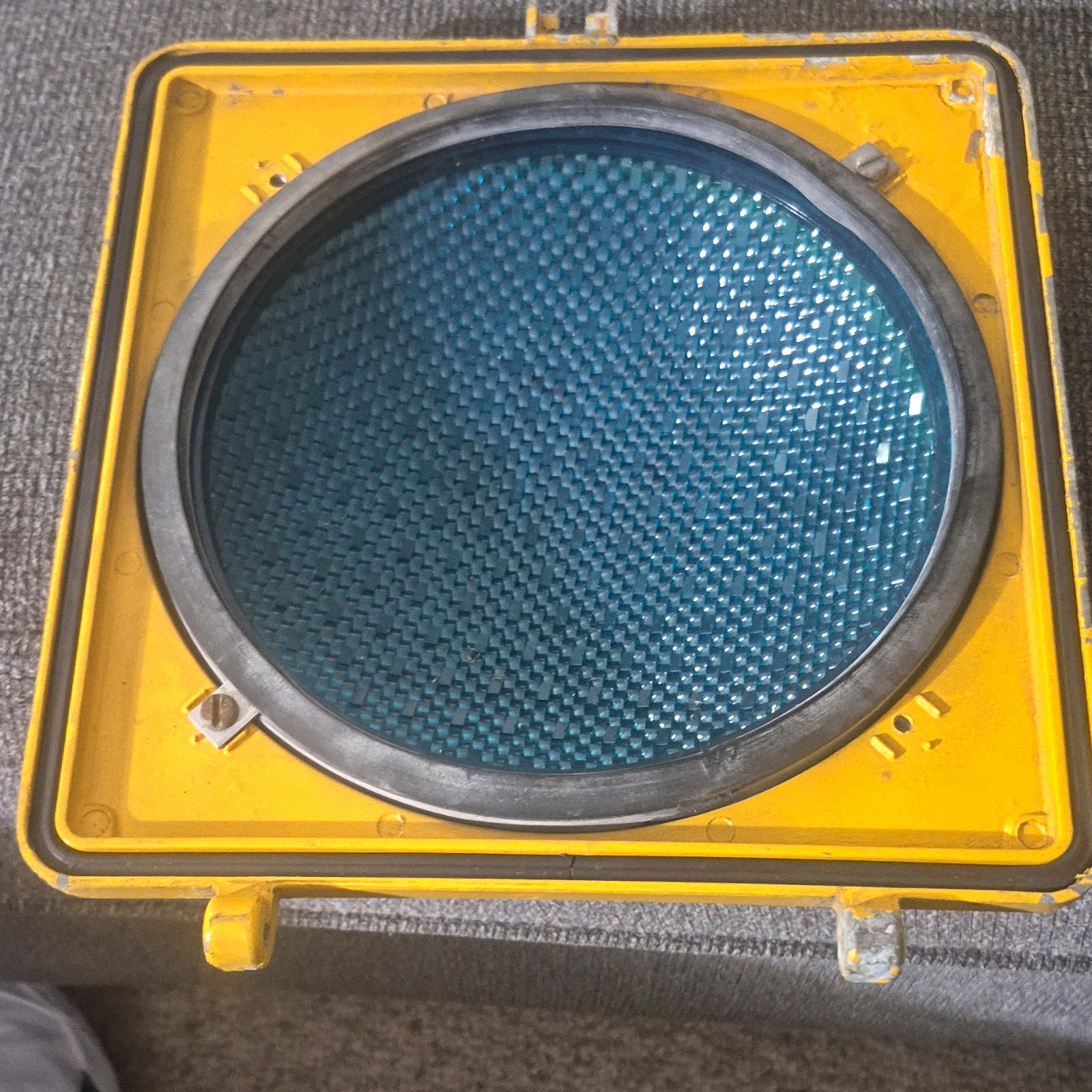 1970 Vintage Yellow Traffic Signal Light Housing Assembly w/ Blue Lens