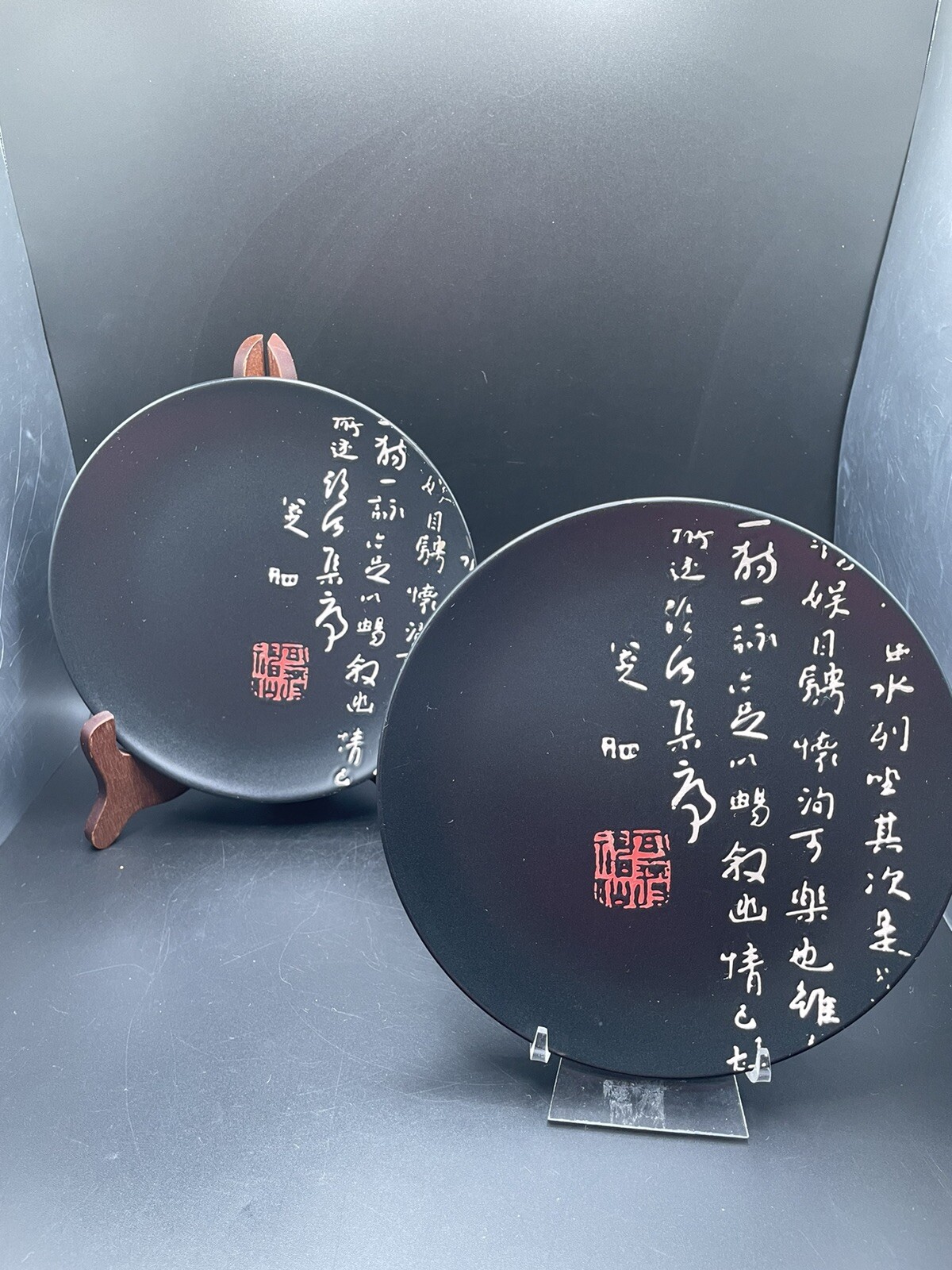 VTG Kafuh Japanese Black Porcelain Plates With Inscription