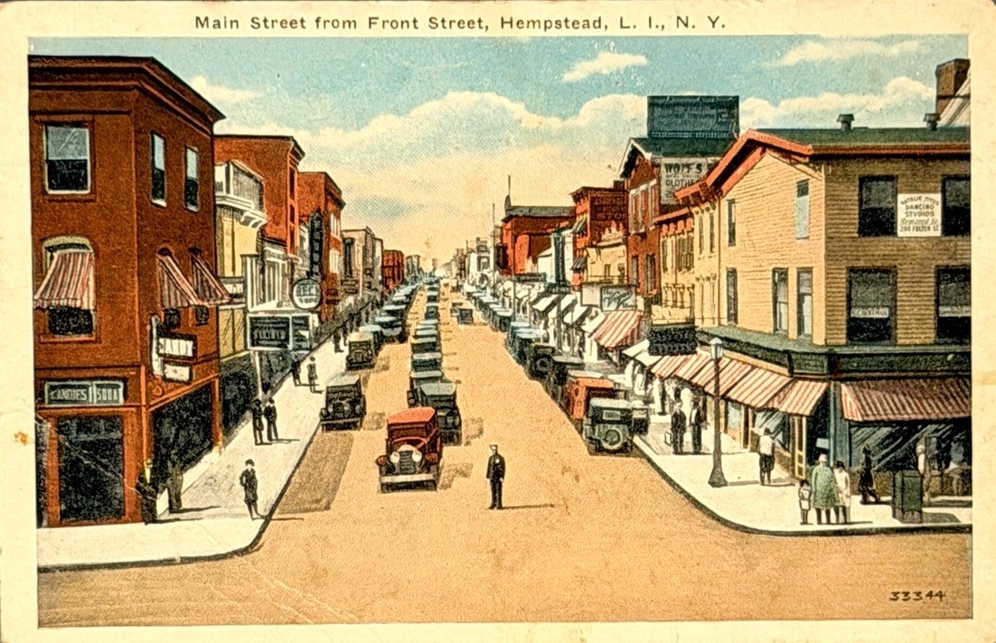 Main Street from Front Street, Hempstead Long Island Vintage Postcard c1930s