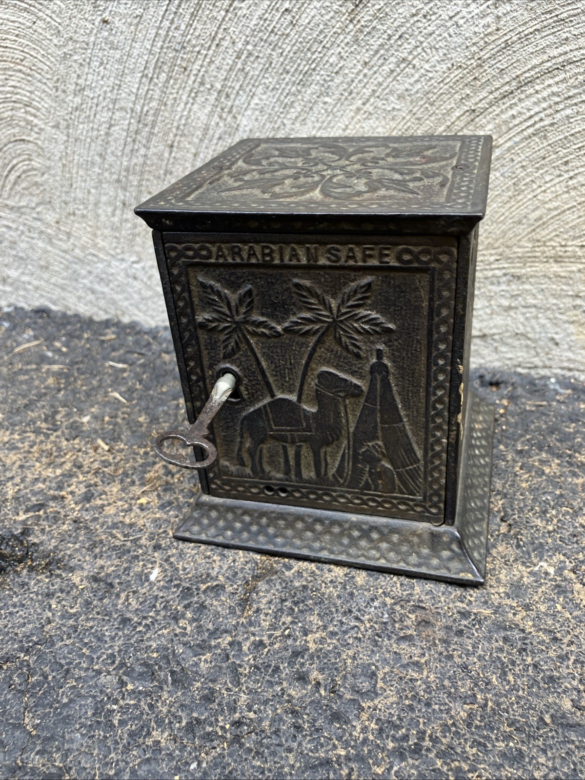 Antique c1882 Cast Iron SafeBank Egyptian Arabian Safe With Key