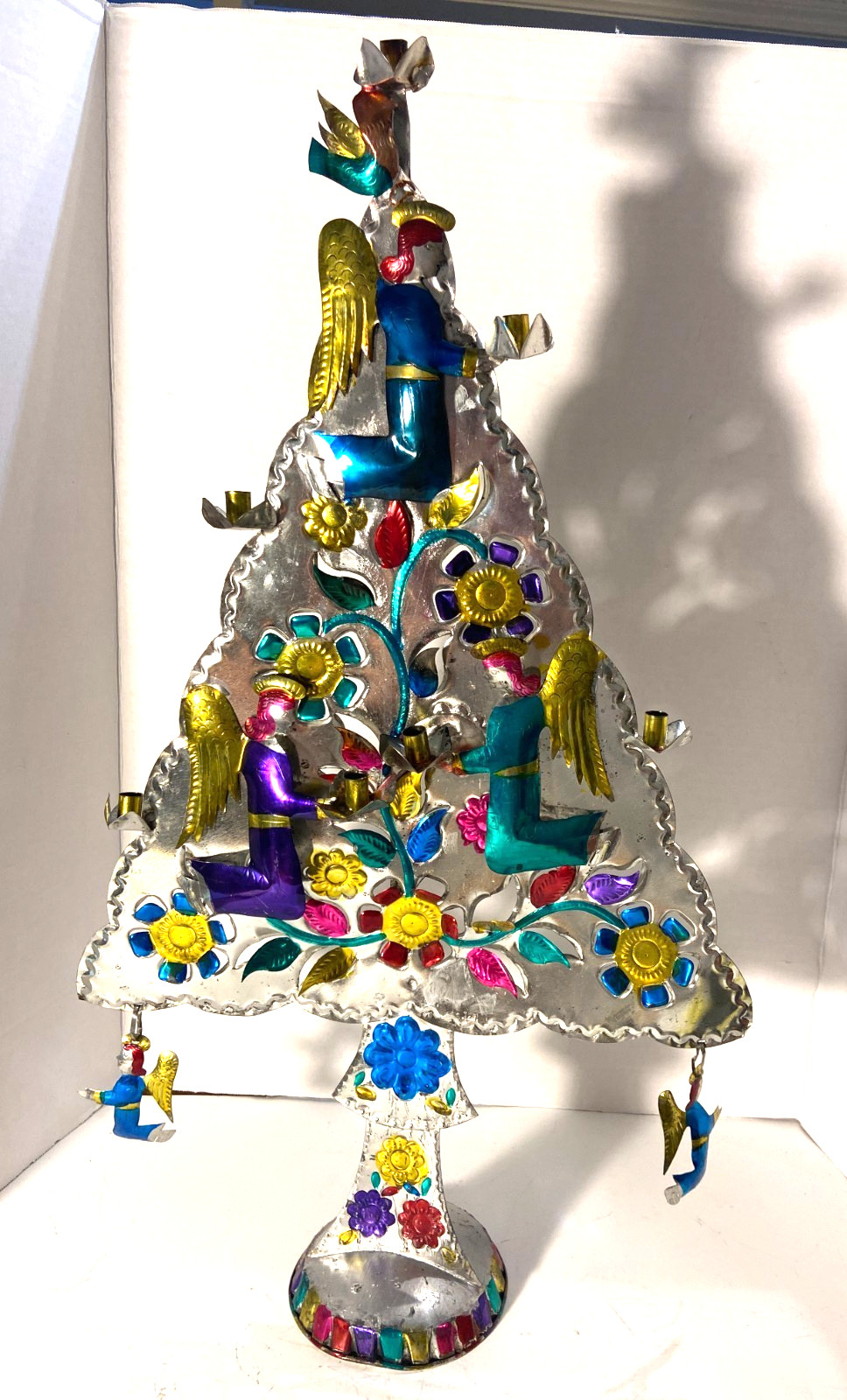 Vintage SALEY 24” X 14” Mexican Tin Folk Art Christmas Tree Candelabra Handcraft