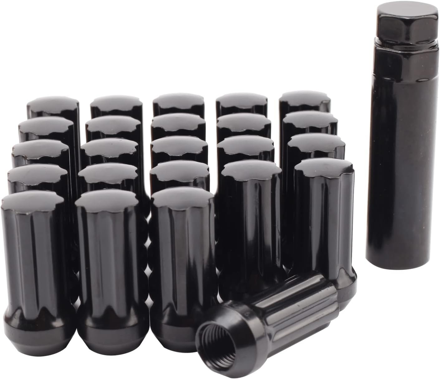 24+1 Black 7 Spline Lug Nuts M14x1.5 Closed End Conical Bulge Seat 19mm Socket