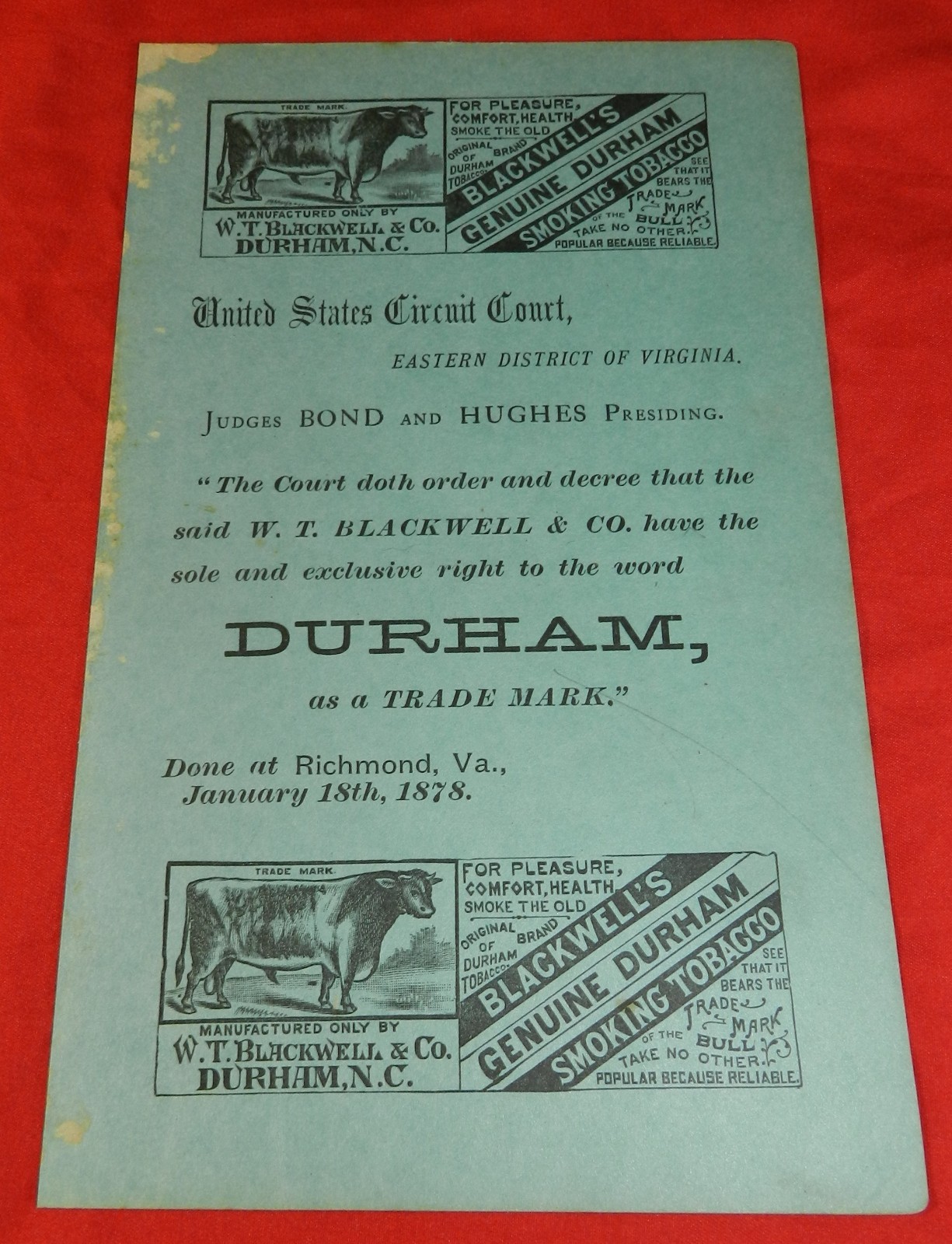 Vintage 1878 Magazine ad for Blackwell's Genuine Durham Smoking Tobacco