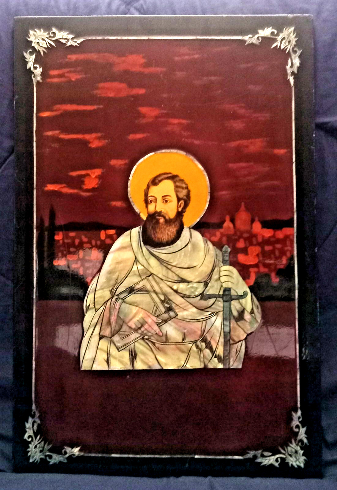 Rare Lg. VTG Mother-of-Pearl Inlaid Christian Art of St. Paul the Apostle -23
