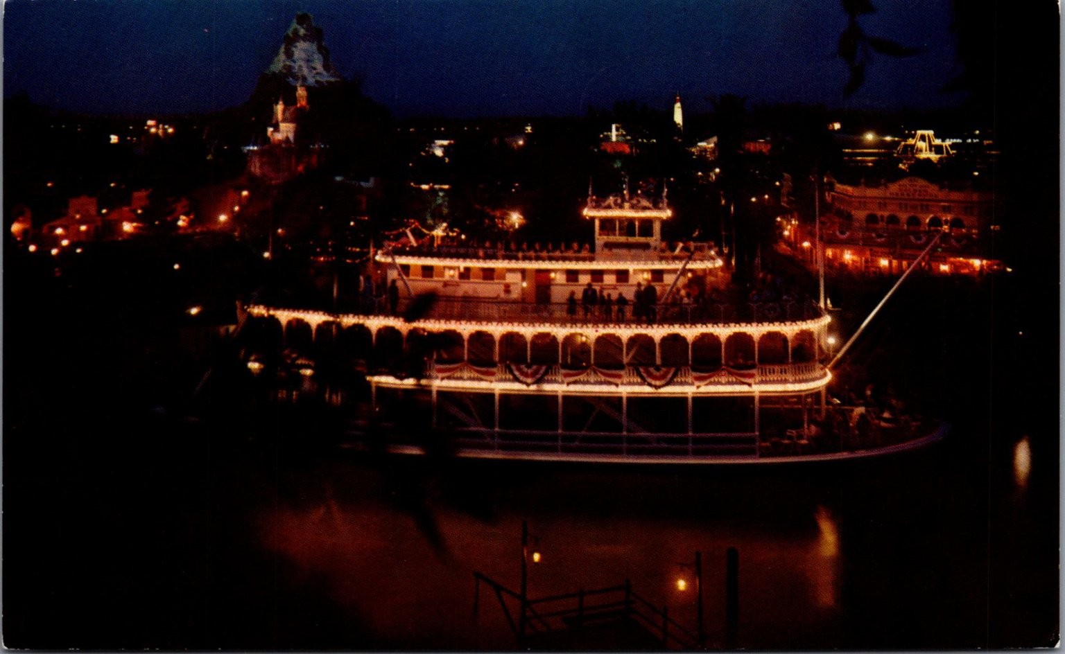 Disneyland Mark Twain Steamboat Night View Vintage Postcard Anaheim CA