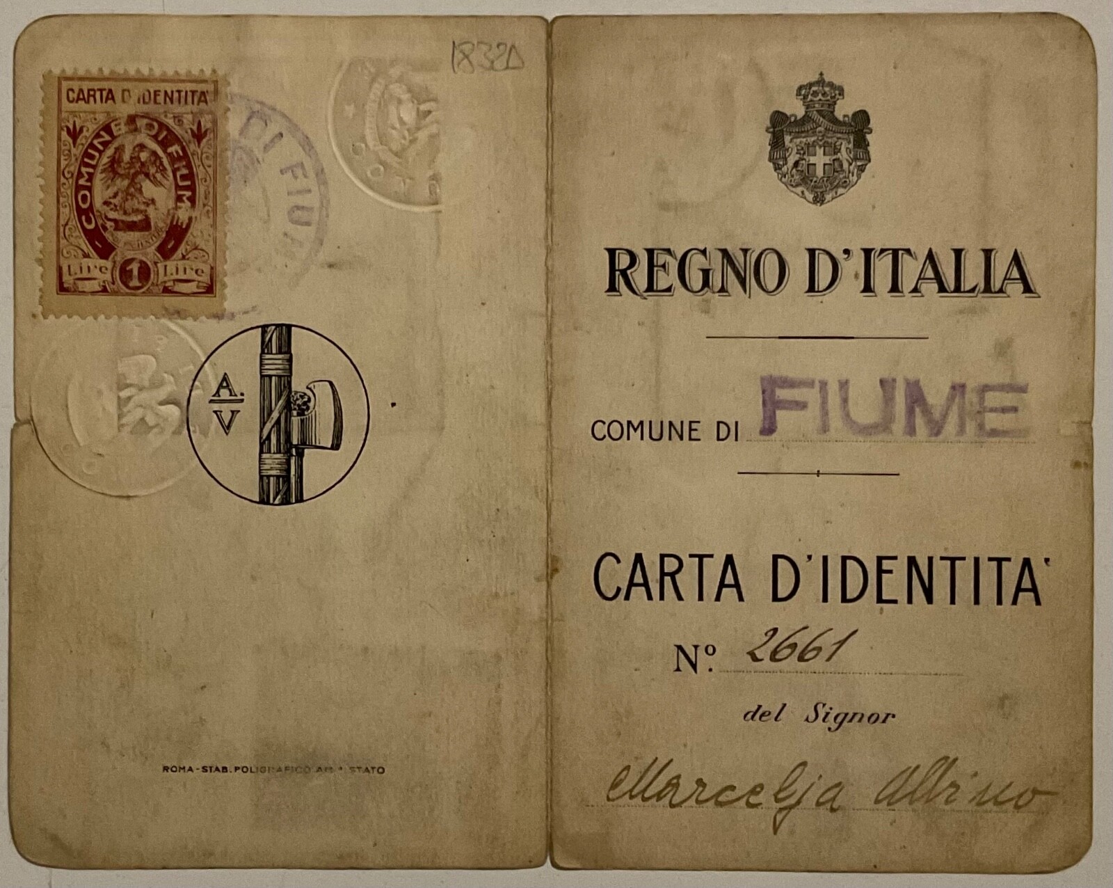 FIUME D’ITALIA CARTA D’IDENTITÀ REGNO D’ITALIA 71 GIUGNO 1927