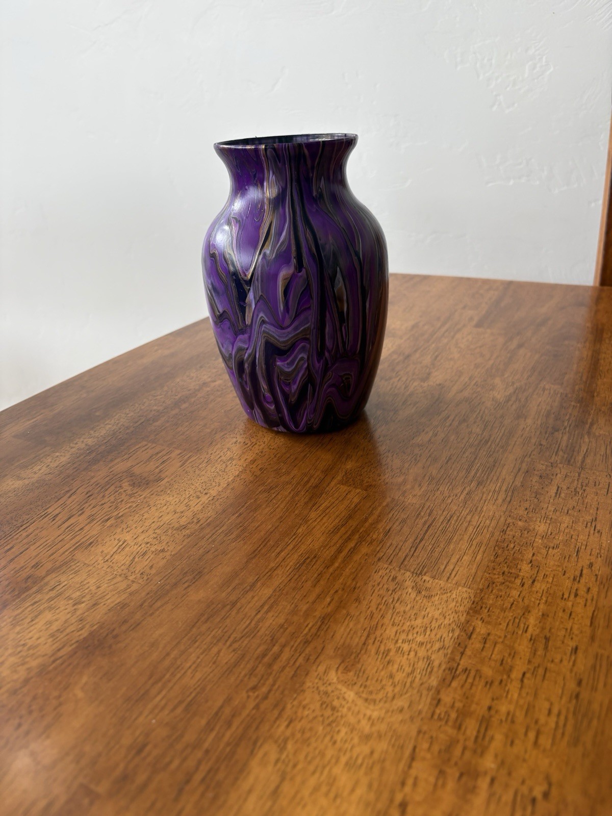 Hand Painted Glass Vase In Purple Black and Gold. Abstract Design 7.5 Inches
