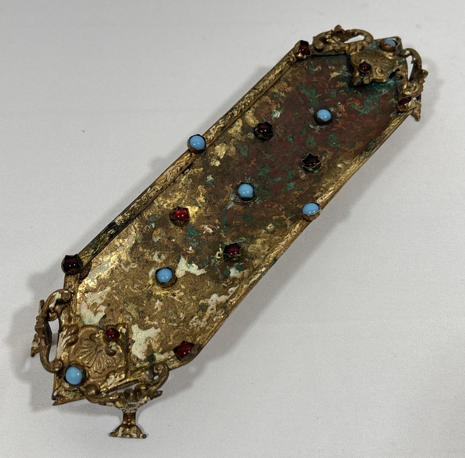 Antique Jeweled Enameled Brass Bronze Ormolu Desk Pen Holder Tray Footed