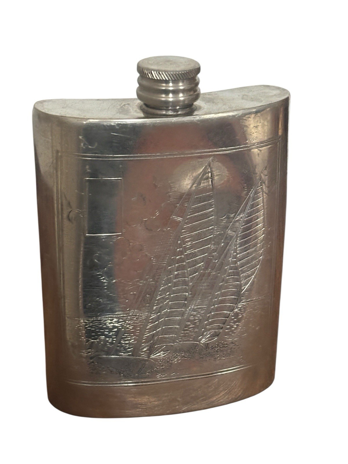 C. Currey Ltd Pewter Flask Chichester ENGLAND Sailboat Lighthouse Nautical