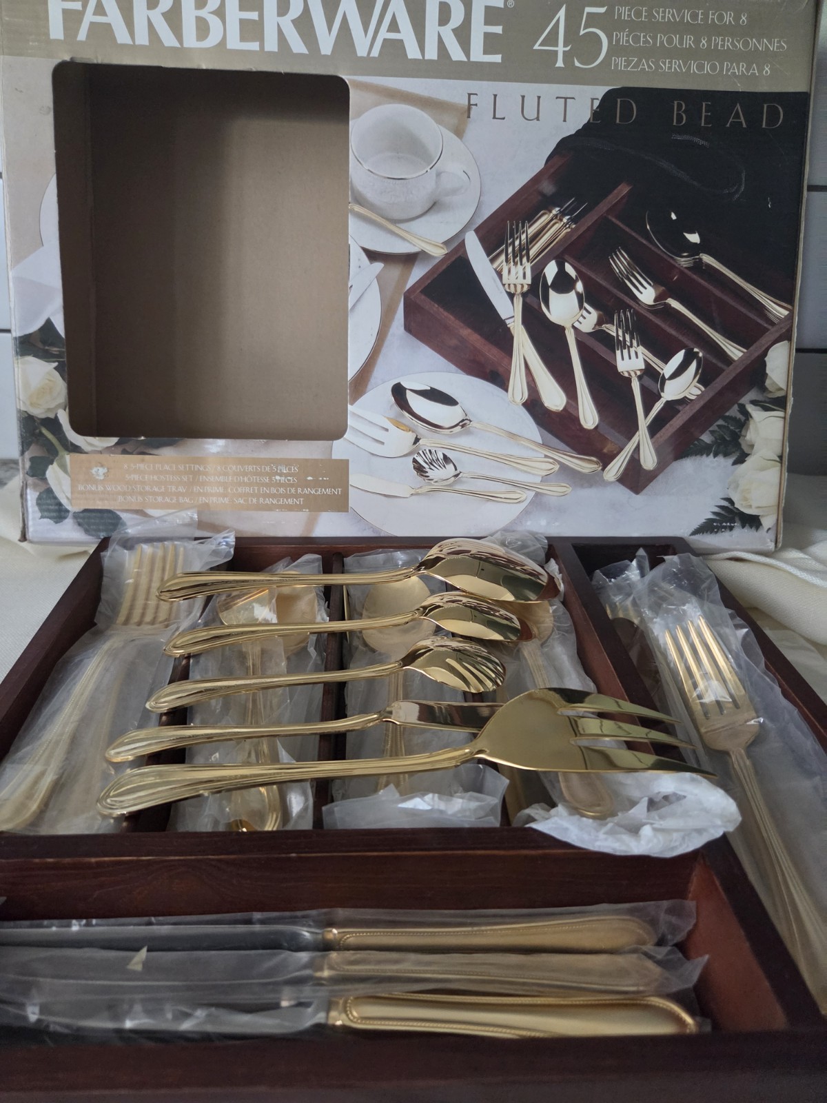 Vintage Farberware 24kT Gold Plated 45 Pieces Flatware Set Fluted Bead Design