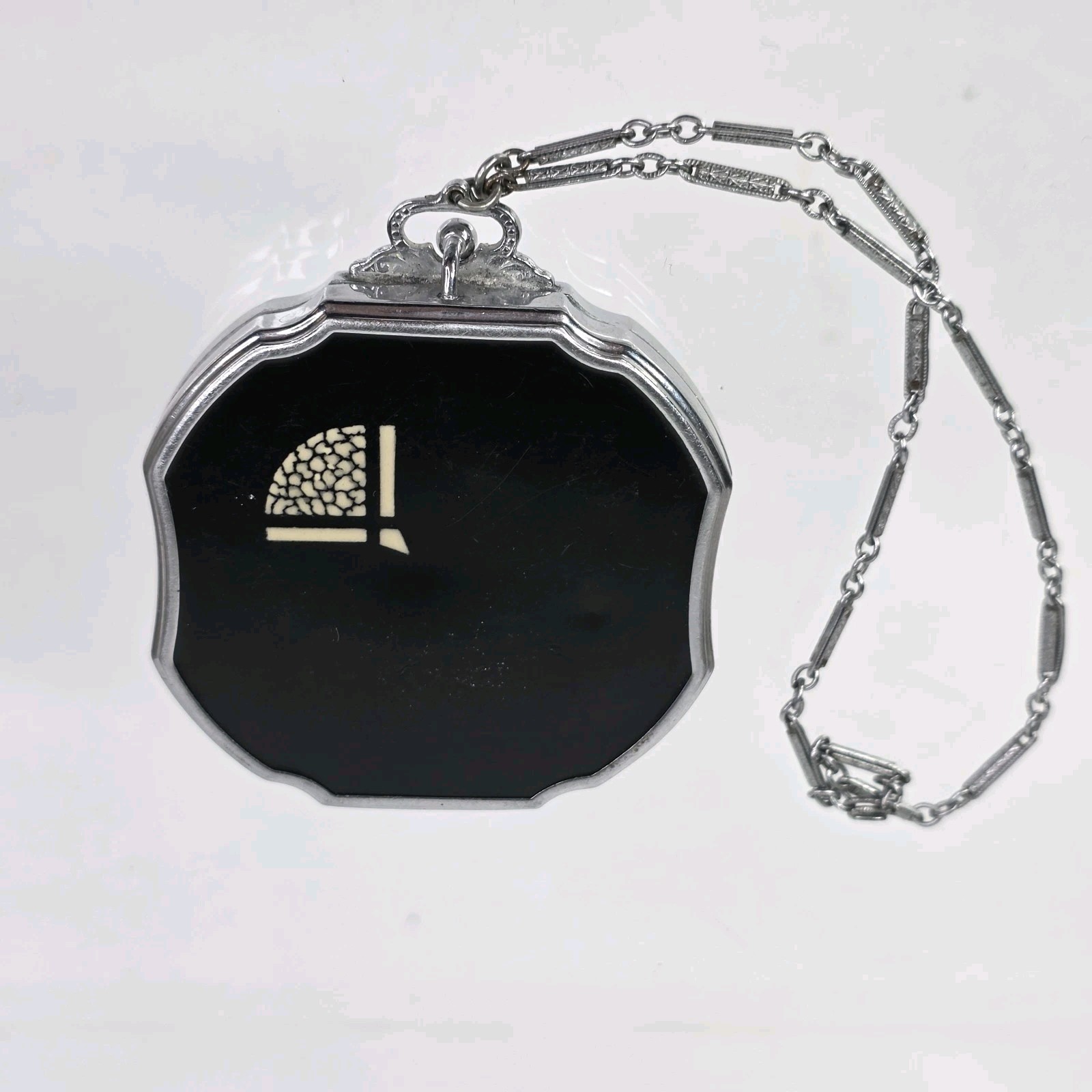 Vtg 1920s Art Deco Octagonal Compact Wristlet Pendant Black Enamel Dance Chain
