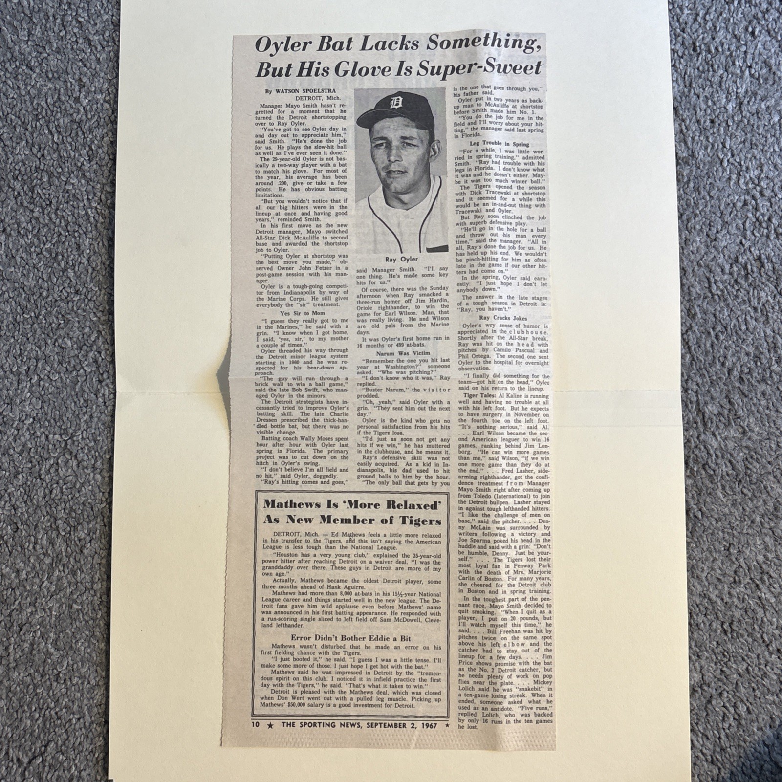 Ray Oyler Detroit Tigers 1967 Sporting News Baseball 6X15 Panel