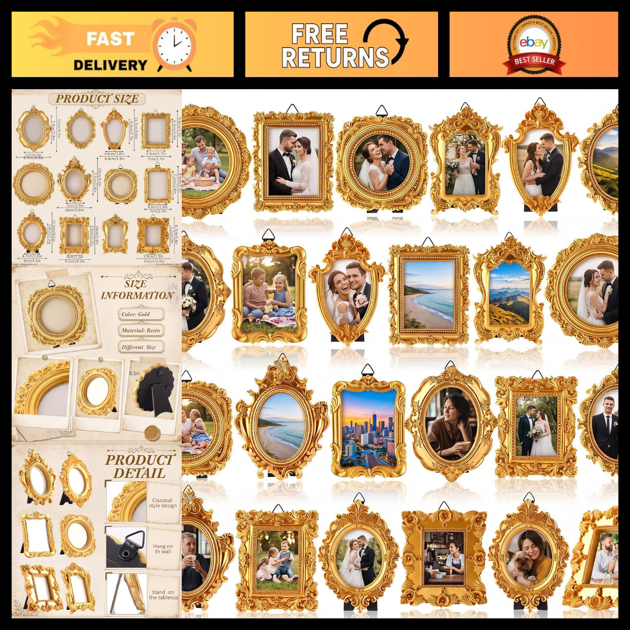 24 Pcs Mini Vintage Gold Picture Frames - Small Resin Photo Frame Set Bulk