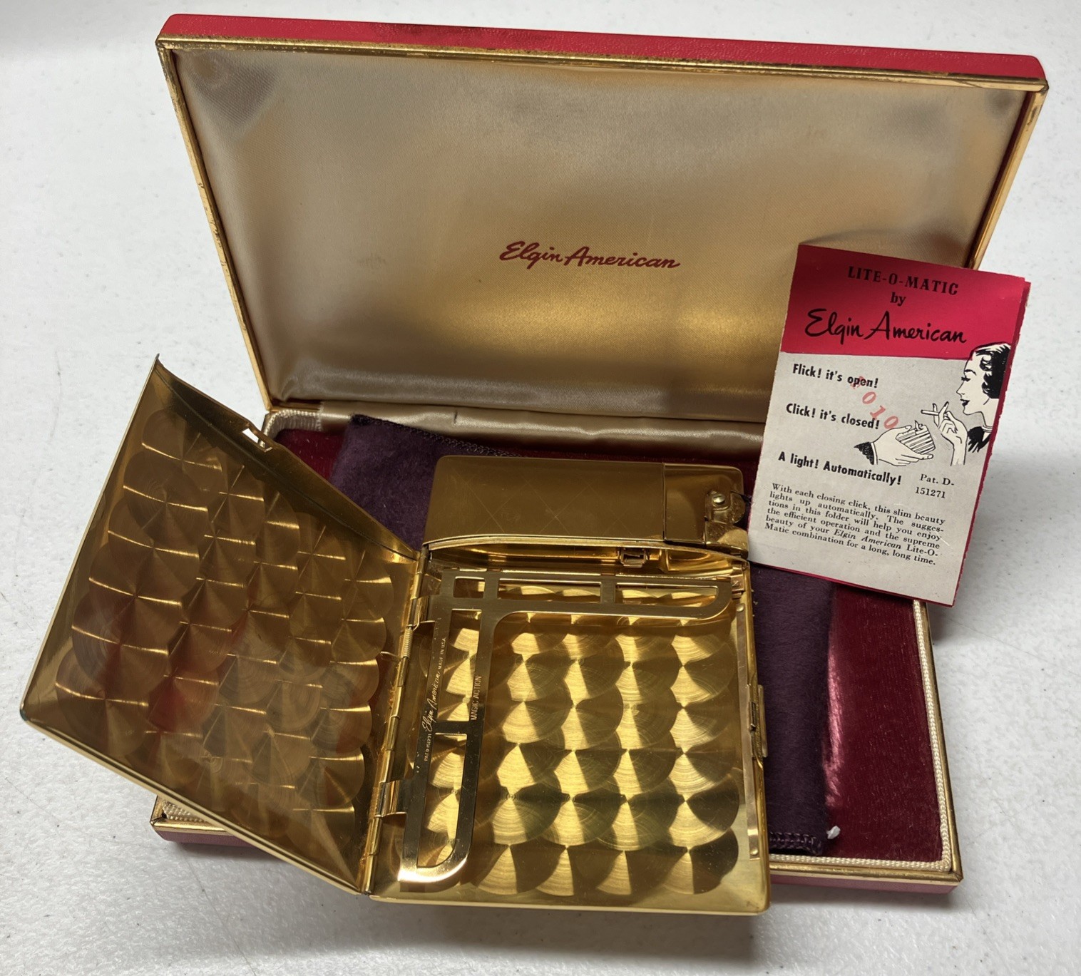 Vtg 1940s Elgin American Magic Action Lite-O-Matic Cigarette Case Lighter Box