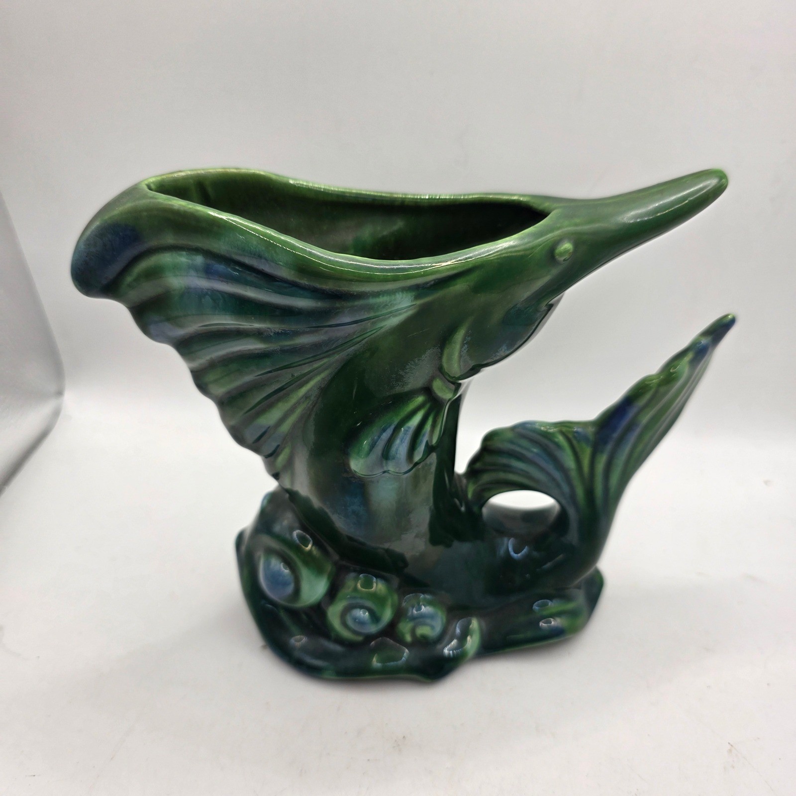 Vintage Royal Haeger Green Blue Sailfish Fish Planter Vase MCM Art Pottery USA