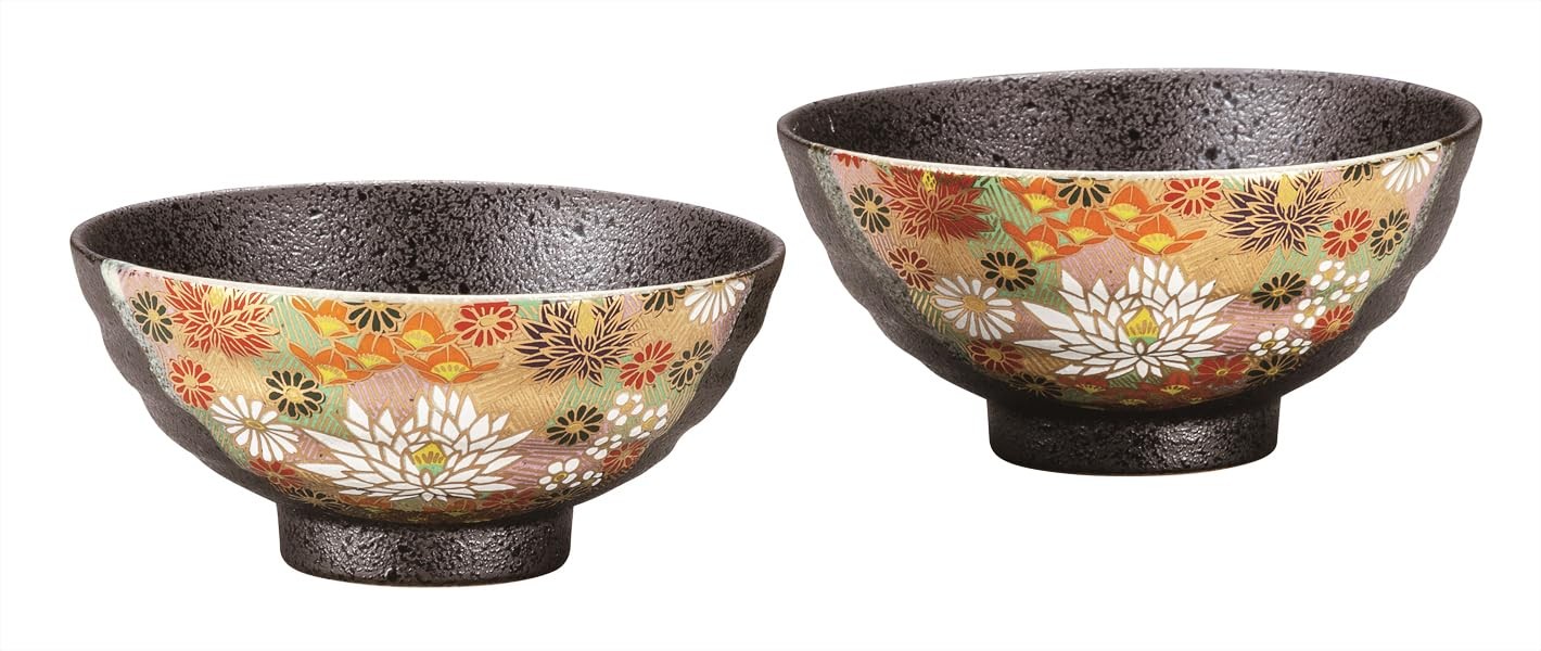 Nakamaru Kutani Ware Rice Bowl Set - Gold Flower Pattern K9-524_