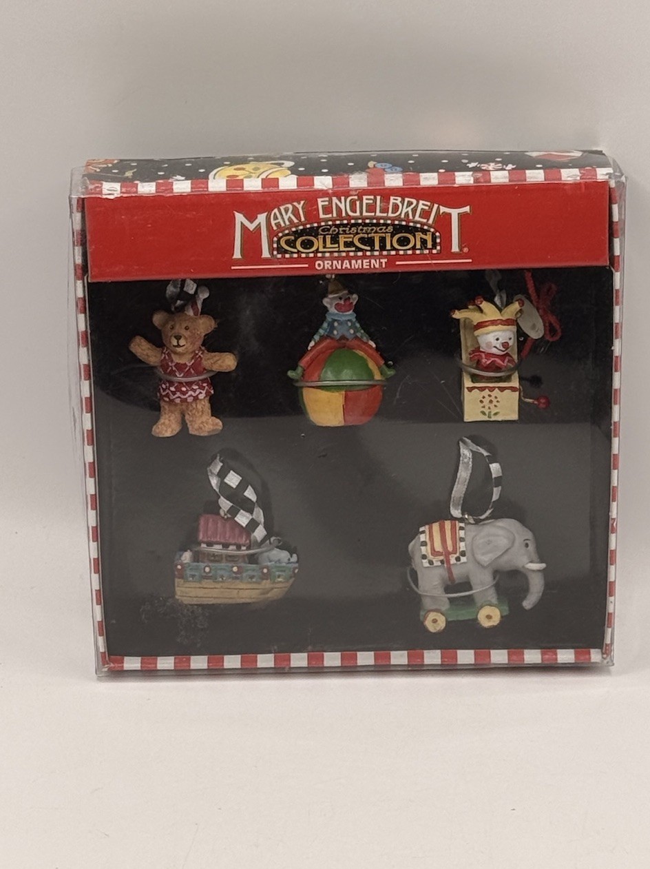 Vintage 1998 Mary Engelbreit Christmas Collection Miniature Toy Ornaments Set(5) Vintage 1998 Mary Engelbreit Christmas Collection Miniature Toy Ornaments Set(5)