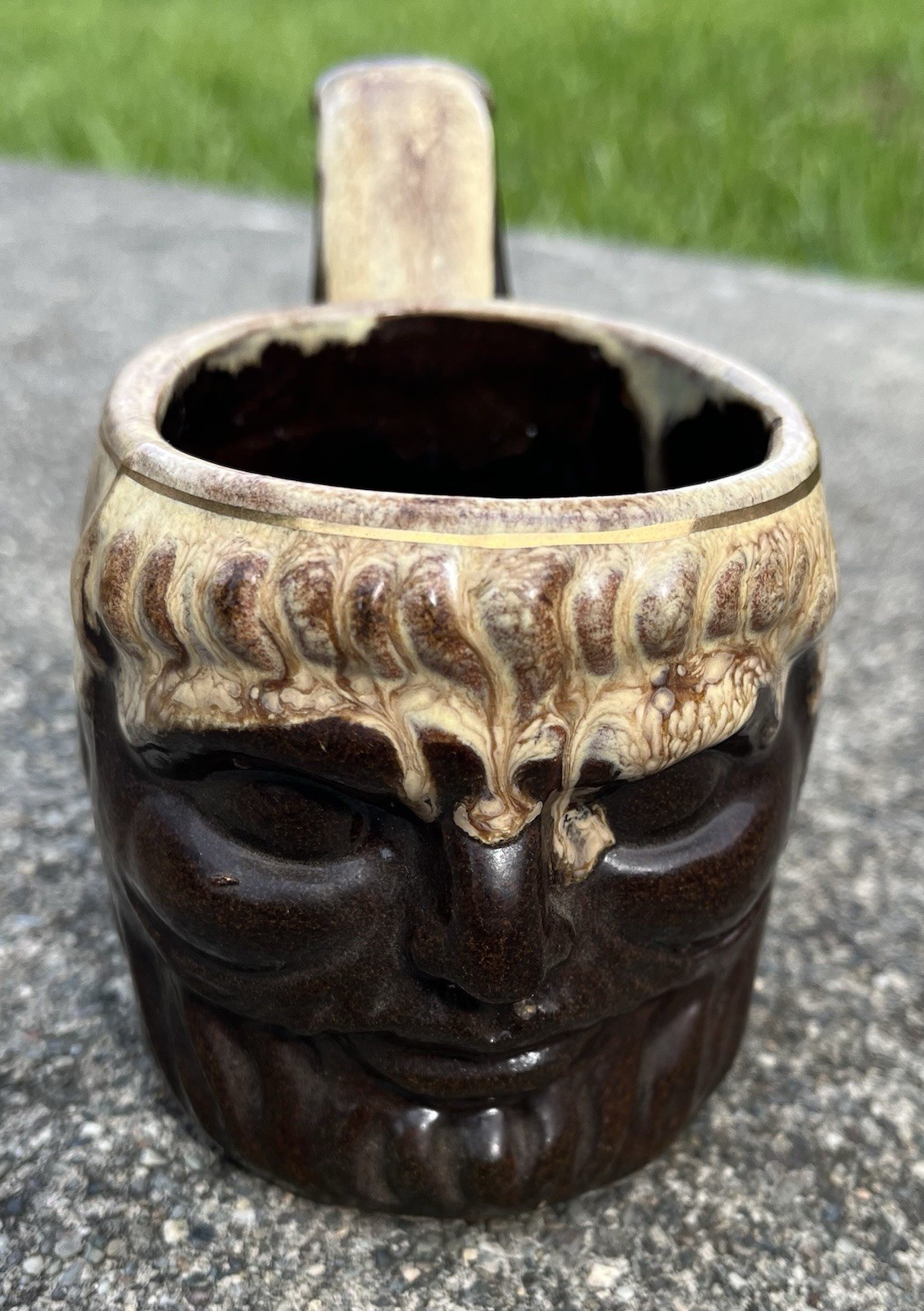 Vintage Pipe Shaped Brown & Gold Pottery Face Mug Coffee Tea